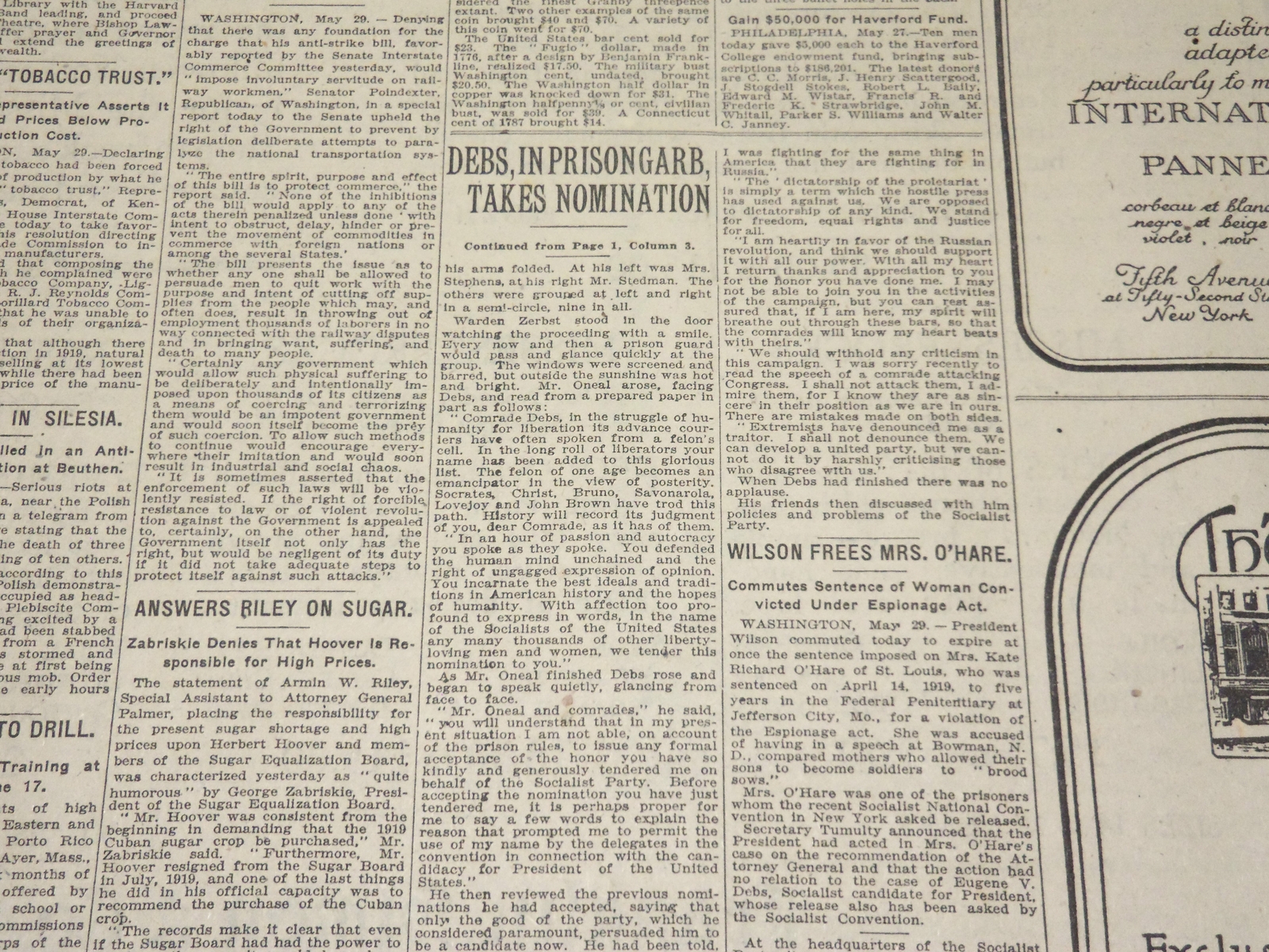 1920 MAY 30 NEW YORK TIMES - DEBS IN PRISON GARB TAKES NOMINATION - NT 8678