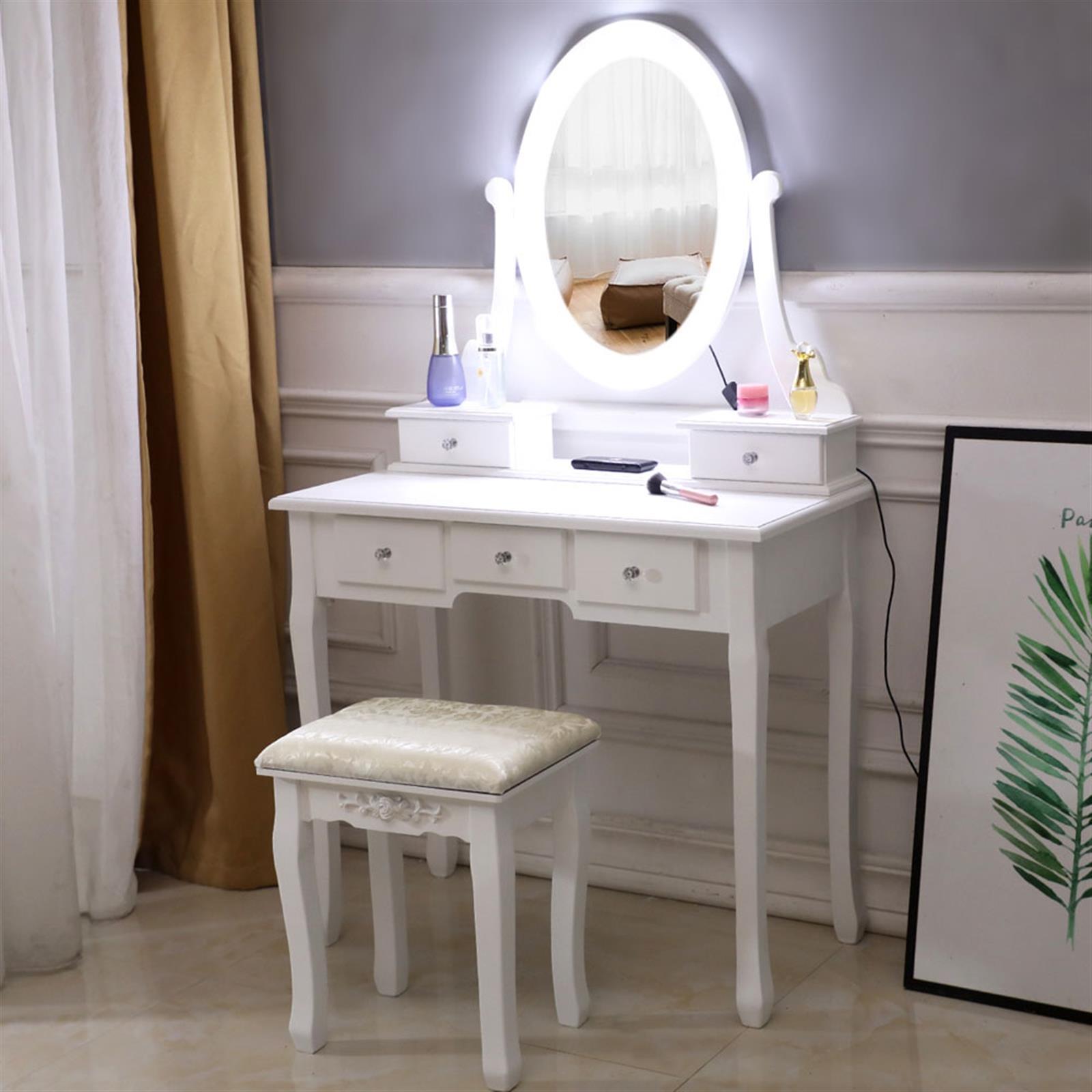Vanity Makeup Dressing Table Set w/Stool 4 Drawer & Led Mirror Wood Desk White