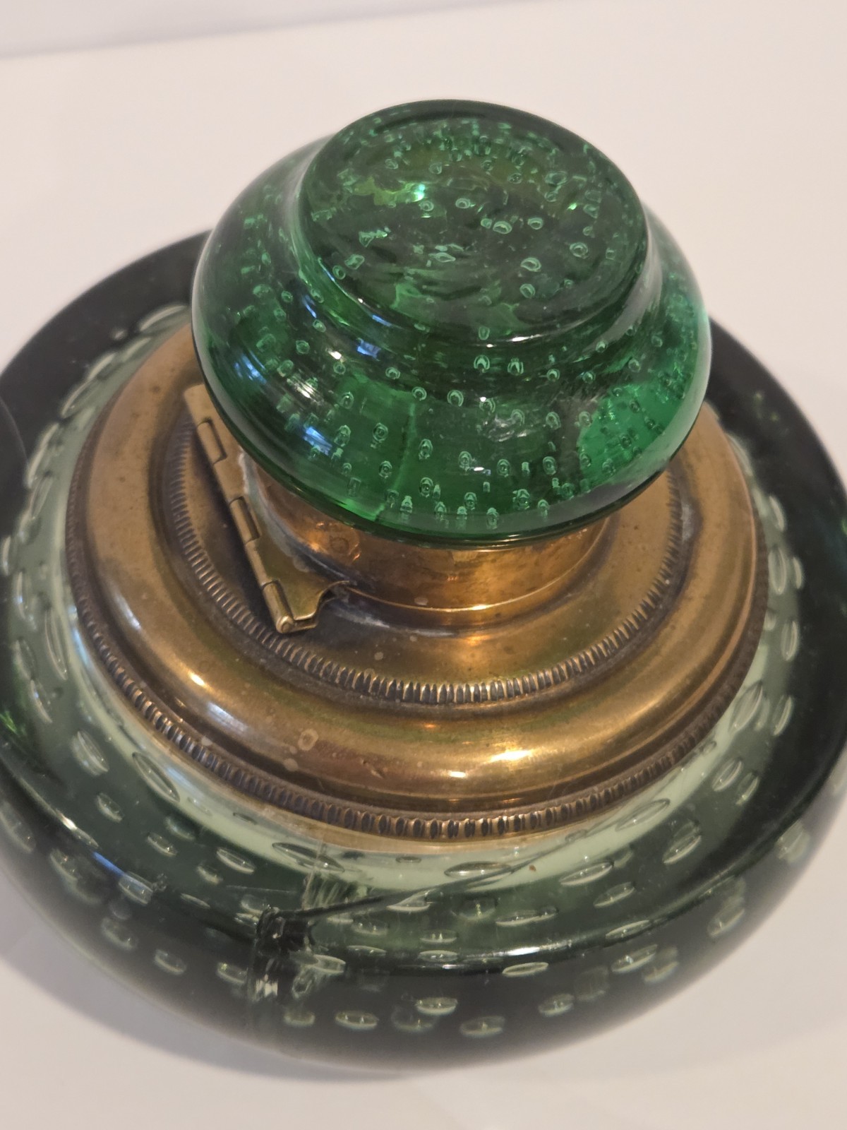 Glass Ink Well hand Blown Controlled Bubbles Brass Antique Green