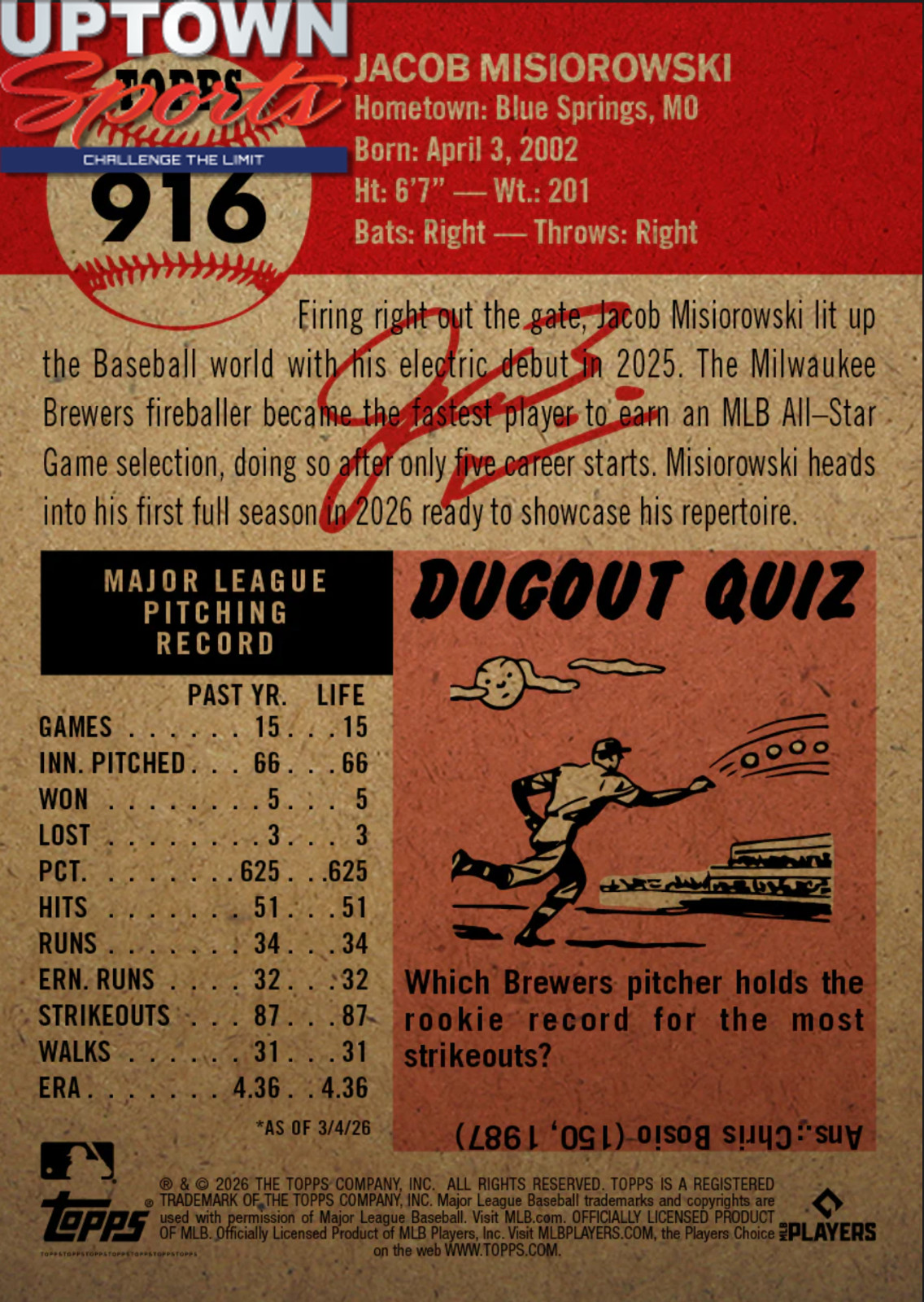 Jacob Misiorowski - 2026 MLB Living Set® - Card 916 - Presale