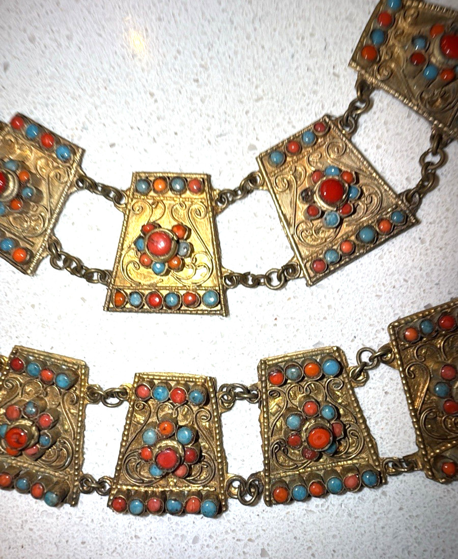 Coral & Turquoise Nepal Brass Tibetan Jewelry 3 piece Set ANTIQUE