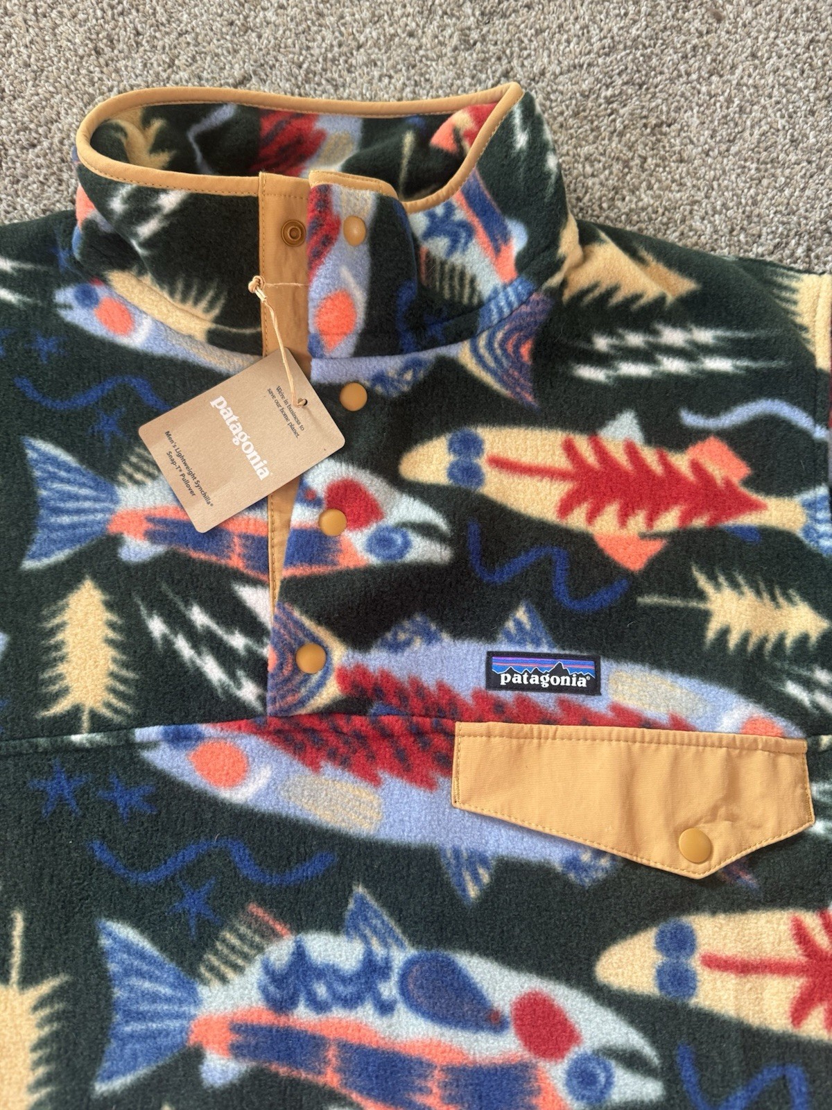 New Patagonia Synchilla Fleece Pullover Salmon Trout Fish Print Snap-T Size XL