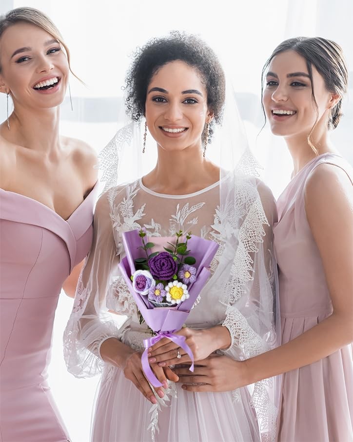 Omldggr Crochet Flowers Bouquet, Knitted 14 x 7.8 x 2.4 inches, Purple-rose