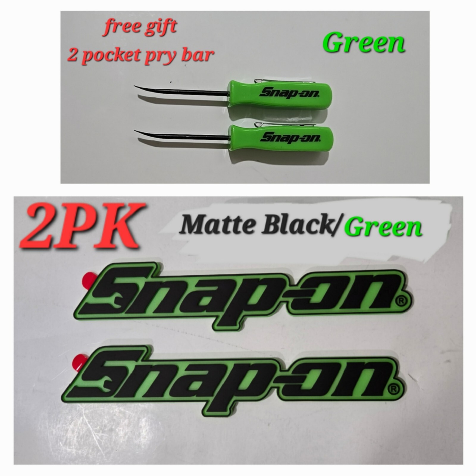 2PK SNAP ON TOOL BOX LOGO EMBLEM MATTE Green Plastic Badge Decal 8" + 2 Pry Bars