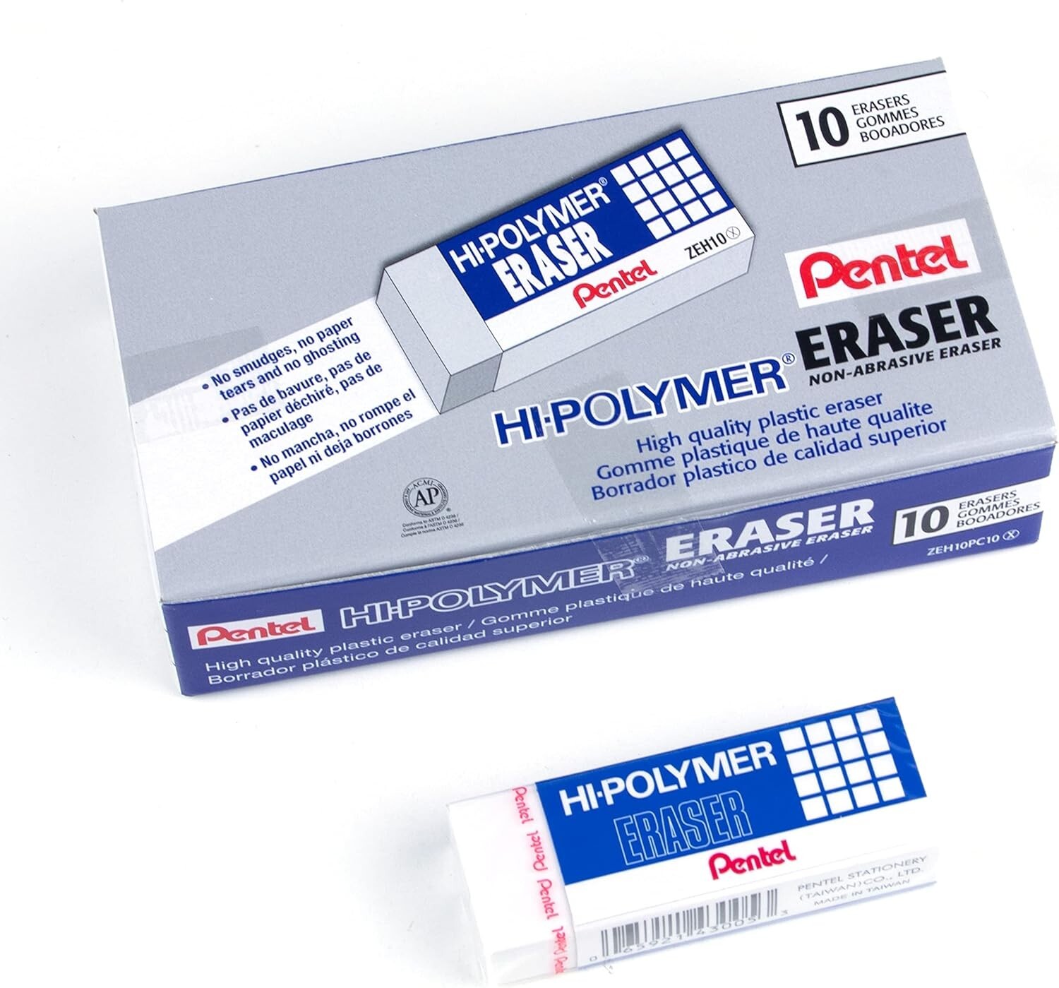 Pentel Hi-Polymer Block Eraser, Large, White, Pack of 10 (ZEH10PC10)