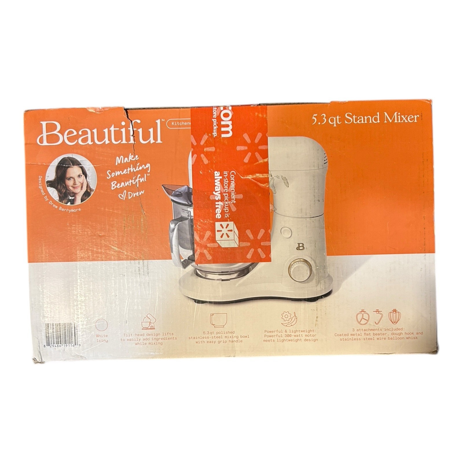 Beautiful 5.3 Qt Stand Mixer Drew Barrymore White w/ Stainless Steel Bowl New