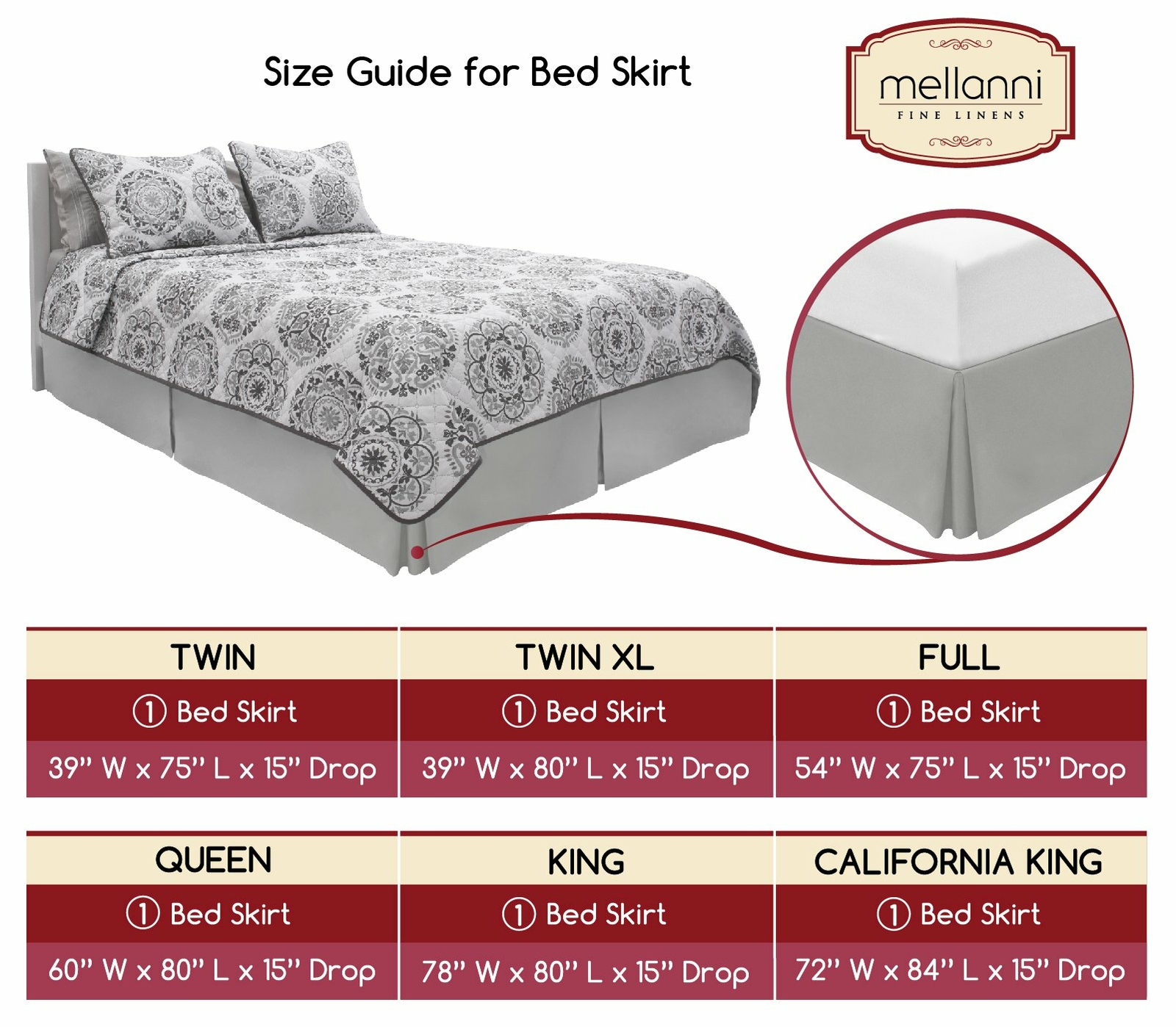 Mellanni Bed Skirt 15-Inch Tailored Drop Pleated Bed Frame and Box Spring Cover