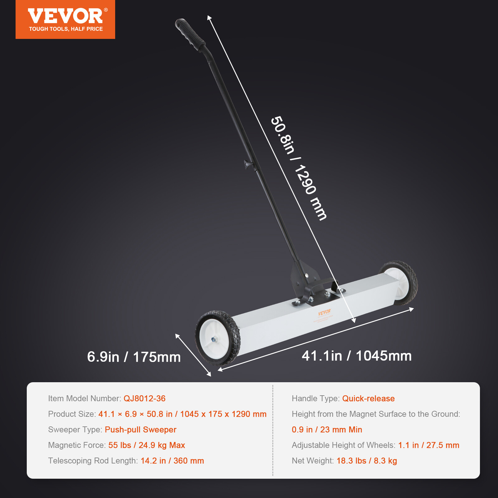 VEVOR 36" Magnetic Sweeper with Wheels 55Lbs Rolling Sweeper Lawn Yard Grass