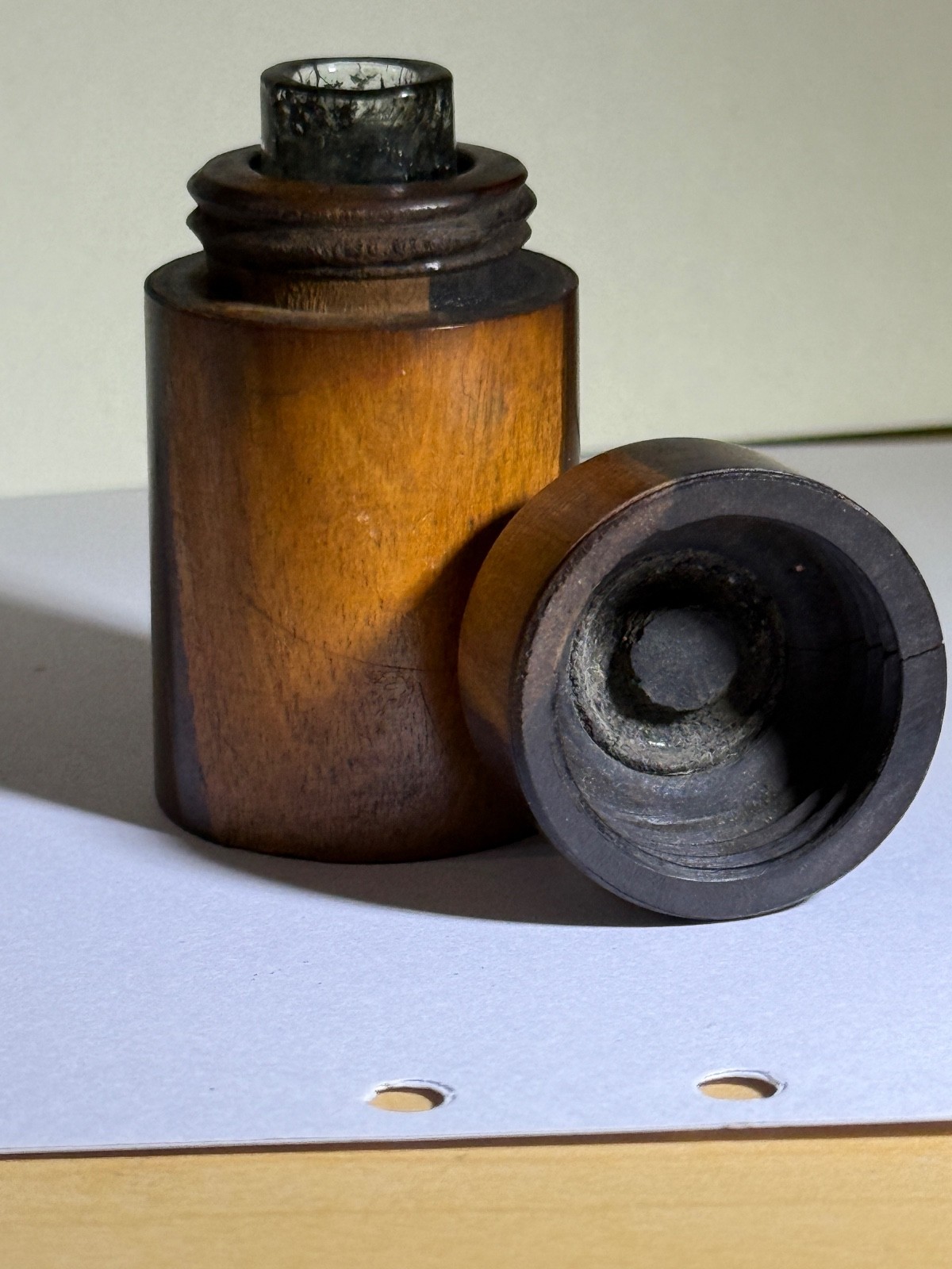 Antique 19th century traveling wood inkwell spring loaded lid original bottle