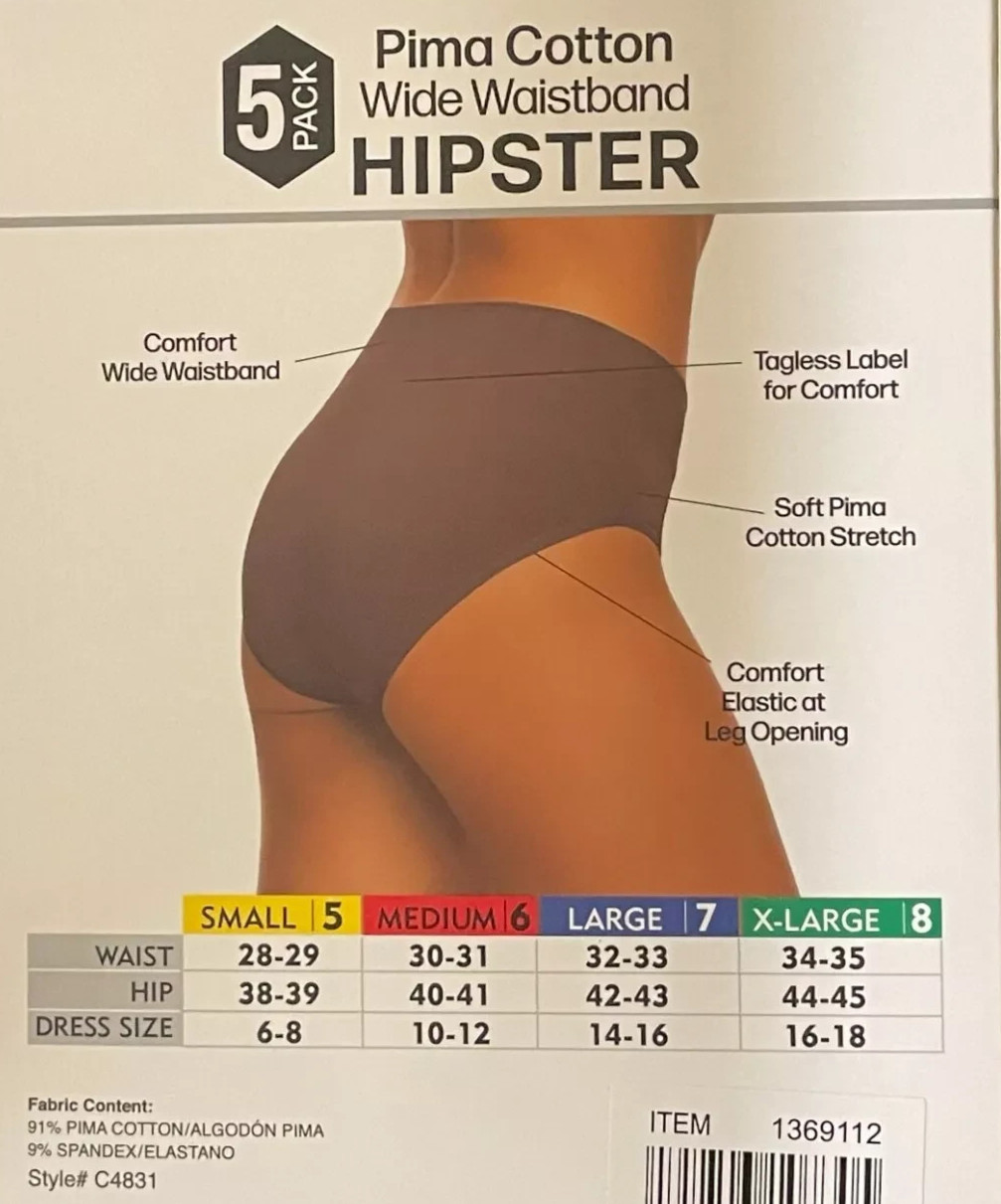 Felina Pima Cotton Wide Waistband Hipster 5 Pack SIZE: (X-LARGE)