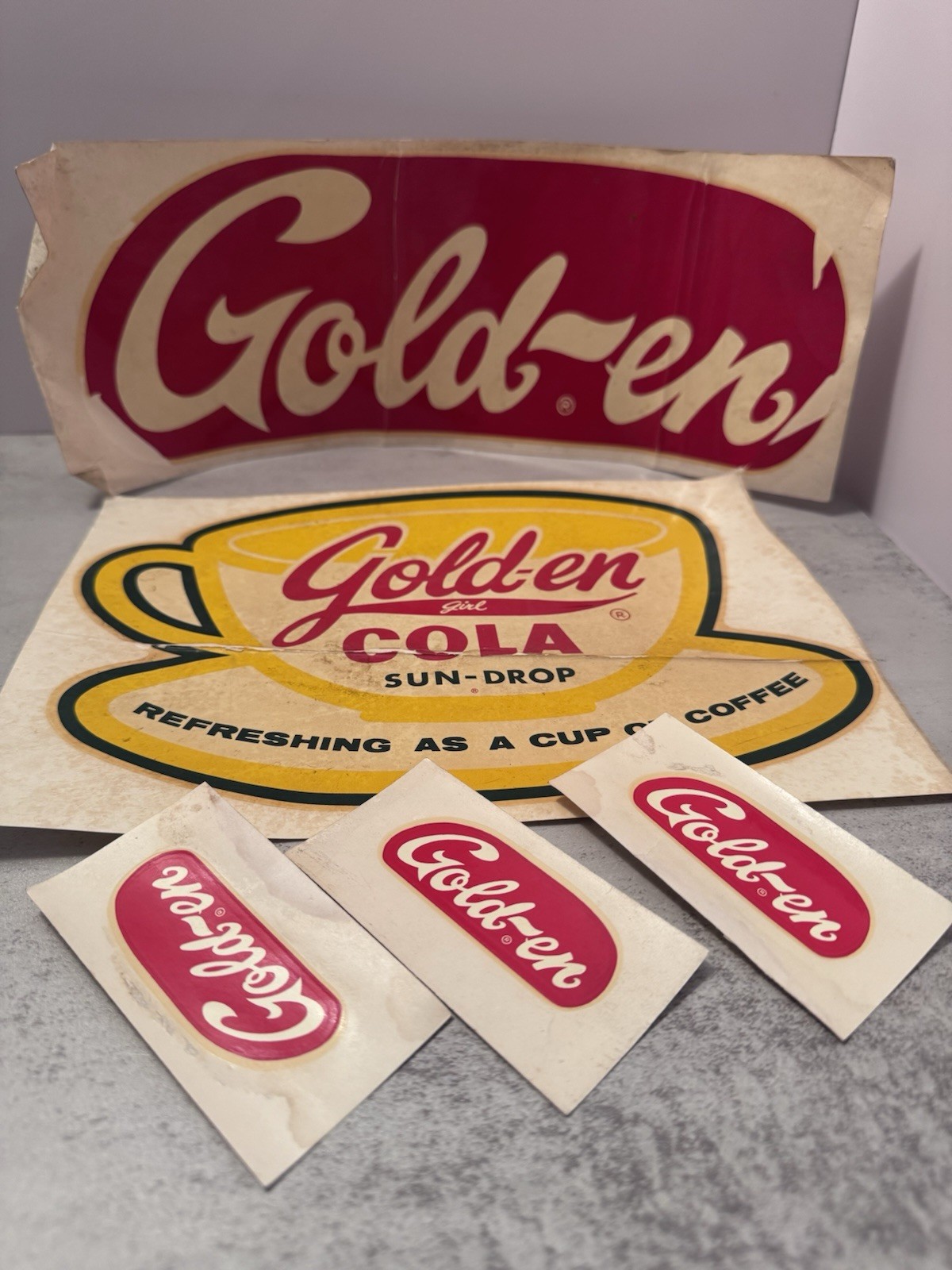 Original Sun drop, Gold-en Cola Advertisement Lot Decal Retail Stickers