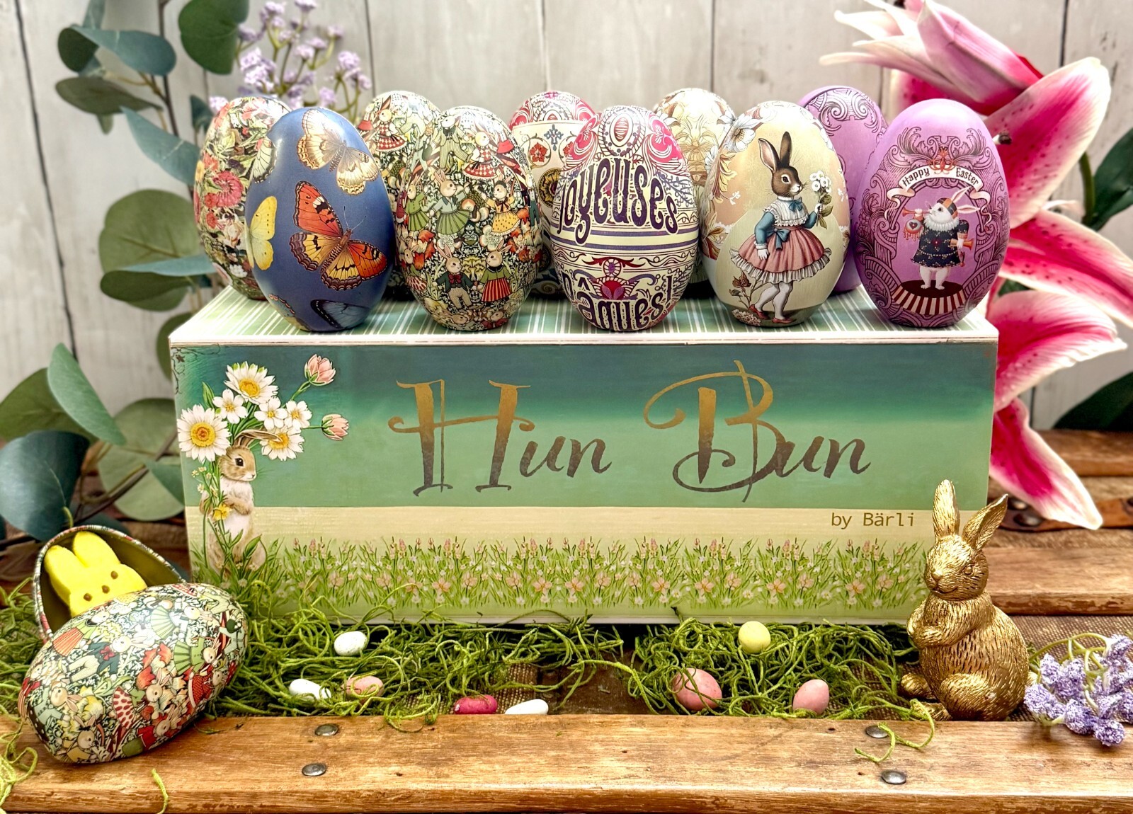 Set of Ten Fillable, Reusable Easter Egg Tins. Vintage Style Metal Easter Eggs