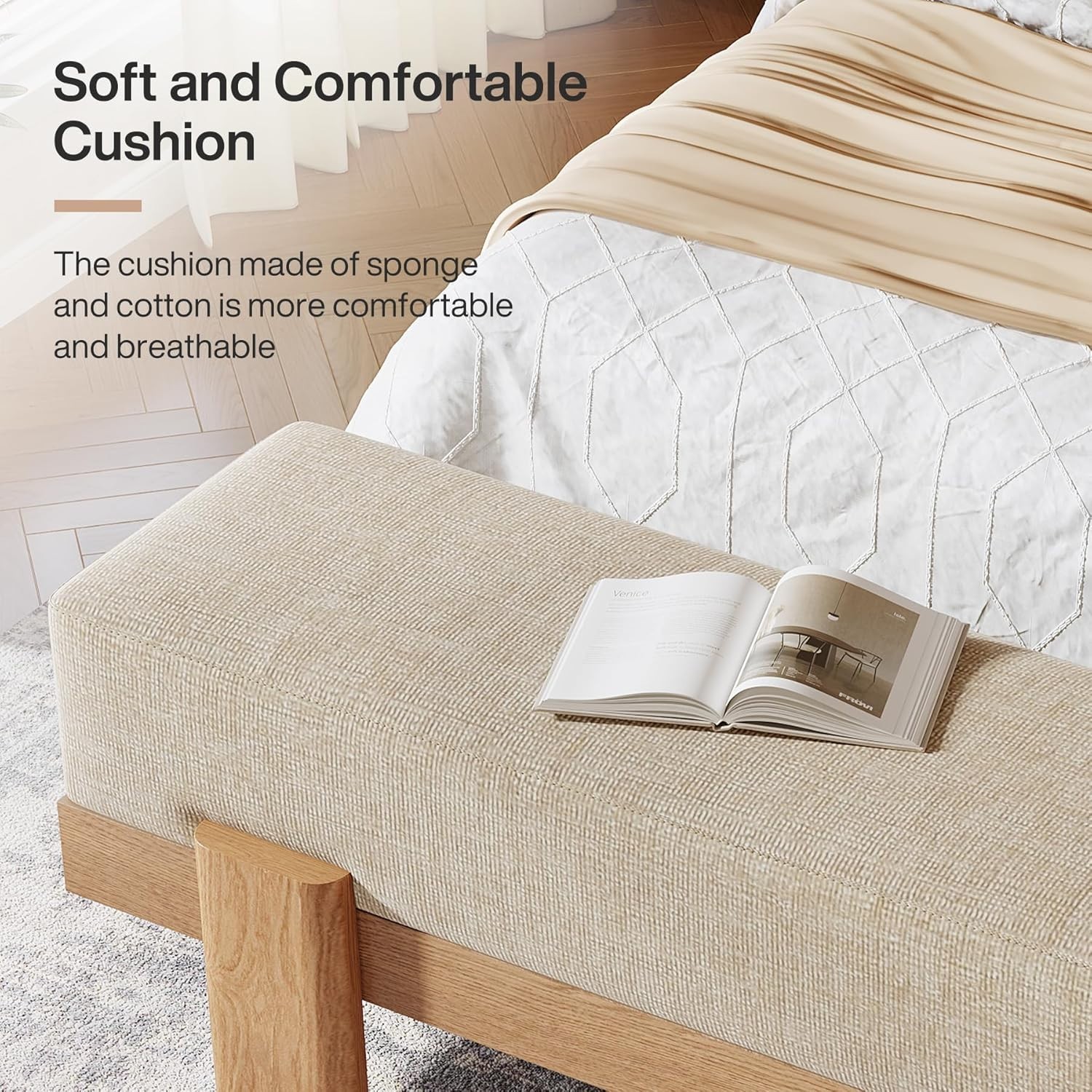 55-Inch Upholstered Entryway Bench, Modern Shoe Bench with Fabric Padded Seat