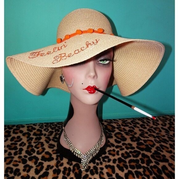 Vintage Feelin' Beachy Ivory Woven Sun Hat with orange pom pom fringe pinup