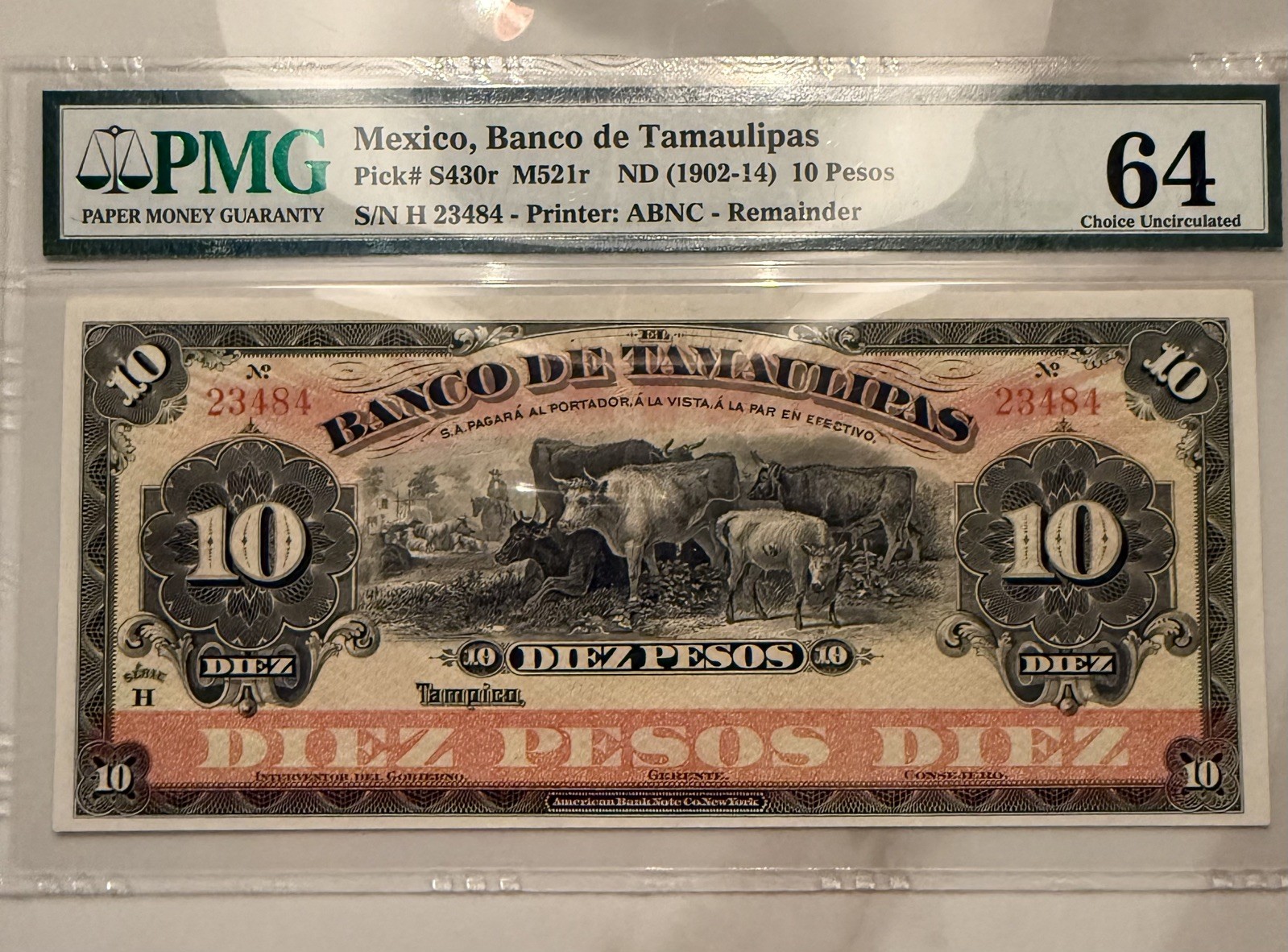 Mexico Banco de Tamaulipas 10 Pesos ND 1902–1914 PMG 64 UNC ABNC Remainder RARE!