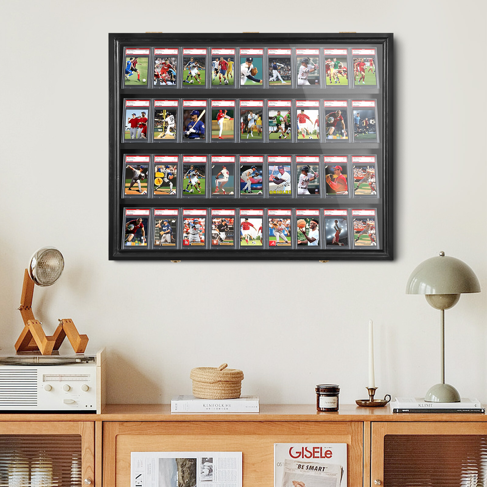 Graded Card Display Case 36 Slots Sports Card Wall Cabinet w/98% UV Acrylic Door