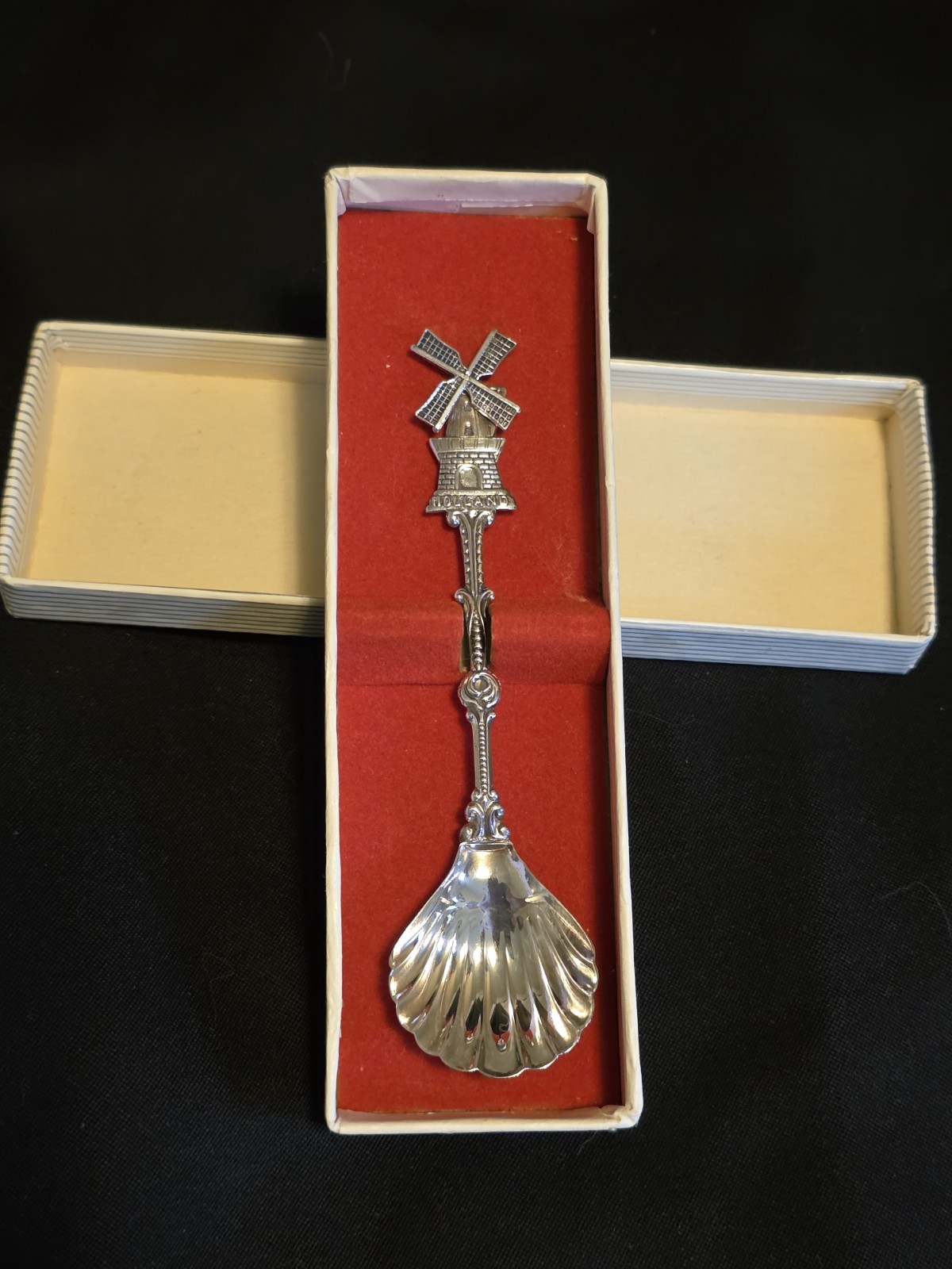 ​Vintage Dutch Windmill Souvenir Sugar Spoon - Silver Plate 90 Holland - Boxed