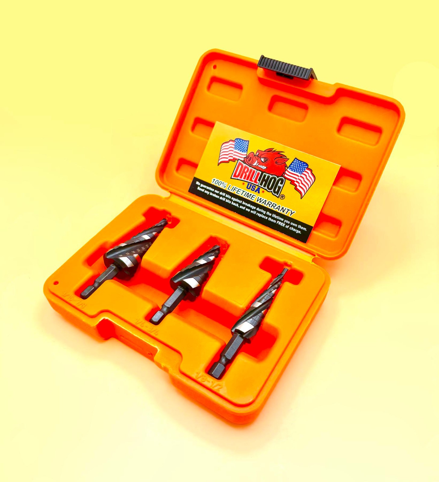 3 Pc Cobalt M42 AlTiN Quad Flute Step Drill Bit Set Drill Hog® Lifetime Warranty