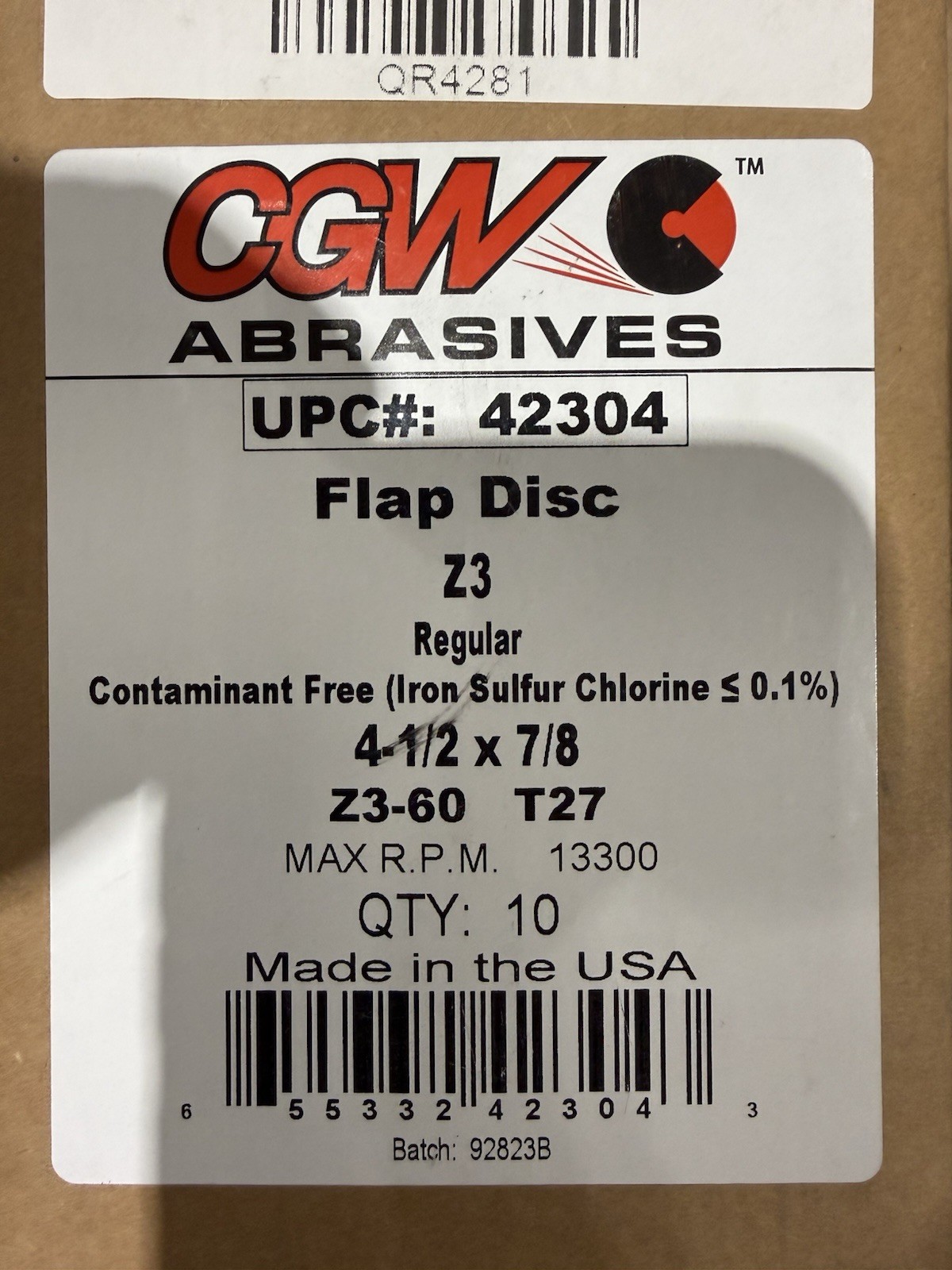 CGW 42304 Flap Disc 4 1/2" X 7/8 Z3-60 grit 100% zirconia, Type 27 Box of 10