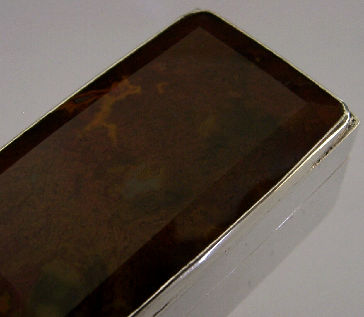 STUNNING HEAVY SOLID STERLING SILVER AGATE TABLE SNUFF BOX 1991 ENGLISH 82g