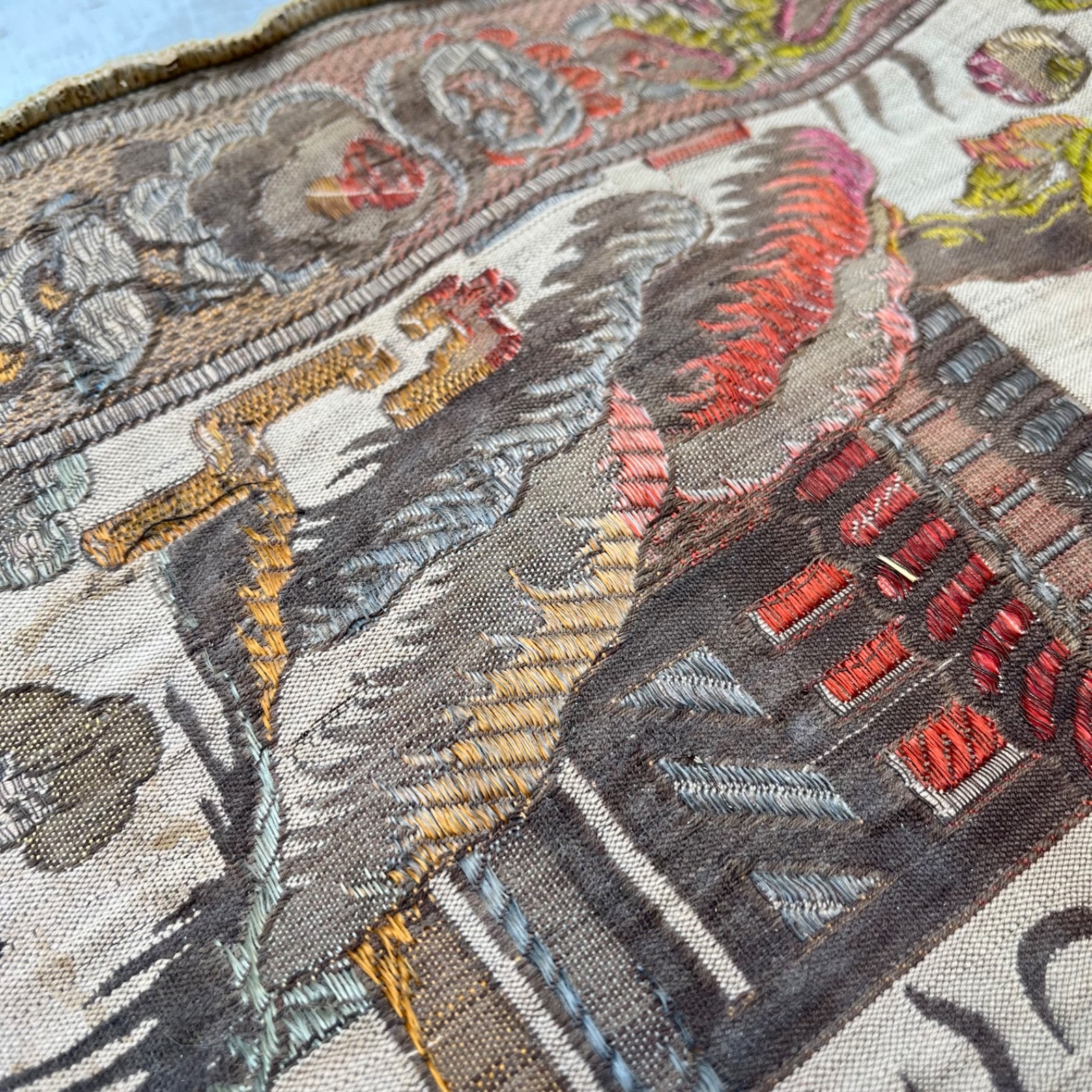 Vintage Asian Silk Hand Embroidered Textile 48 x 17 Panel Runner Pagoda Scene
