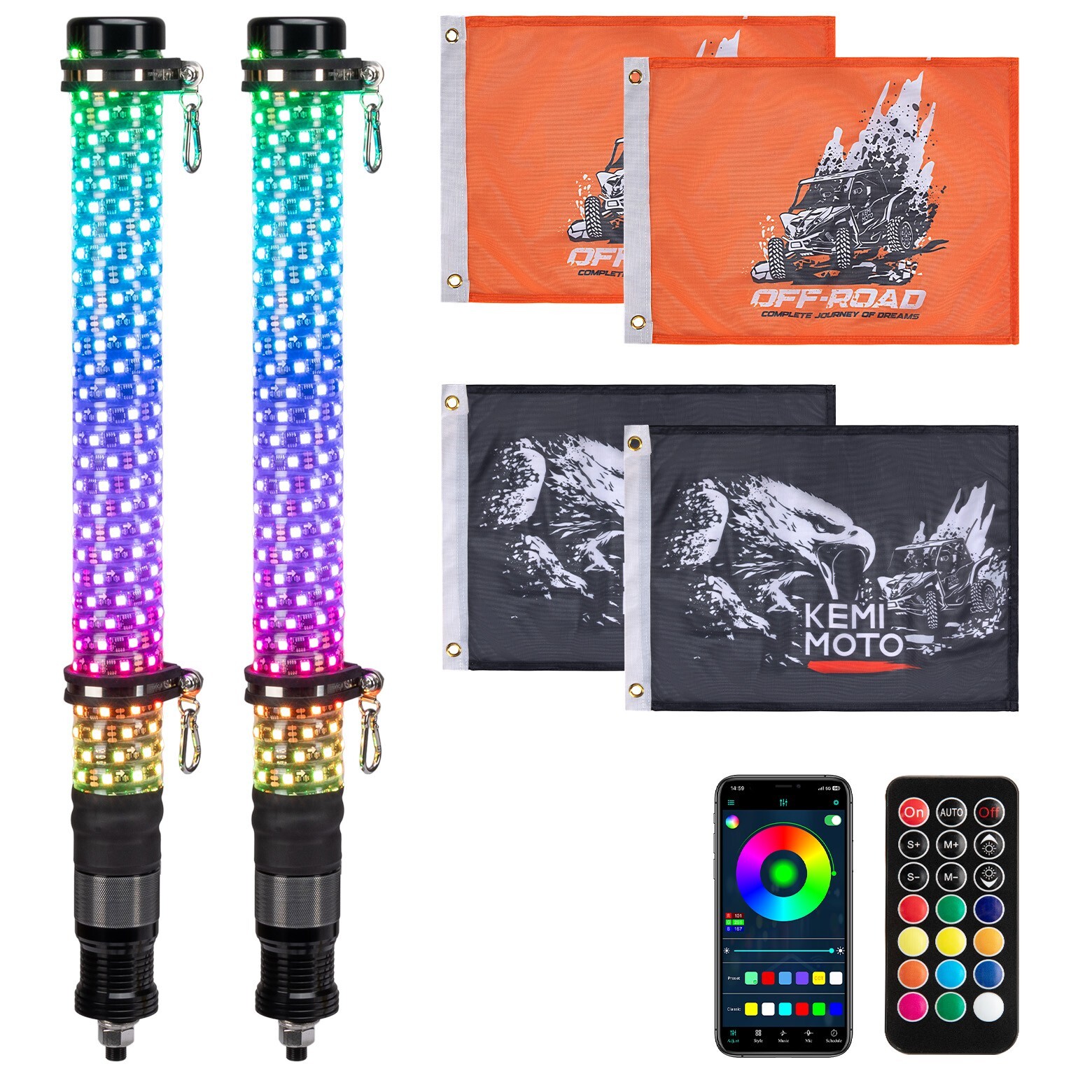 KEMIMOTO 2FT Fat Whip Lights LED Spiral Chasing Lighted w/ Remote & APP Control