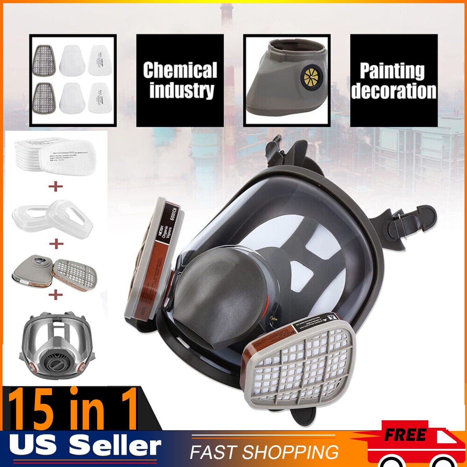 15 IN 1 Gas Mask Full Face Respirator Paint Spray Chemical Facepiece Safety 6800