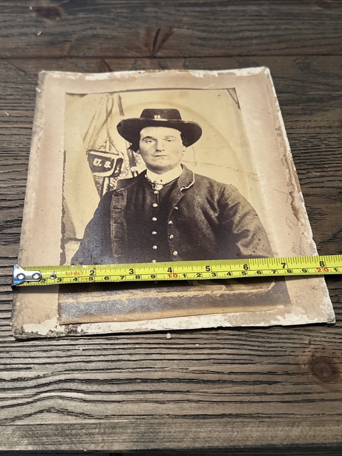 Civil War Union Soldier Albumen Image Slouth Hat Cartridge Box Tent Background