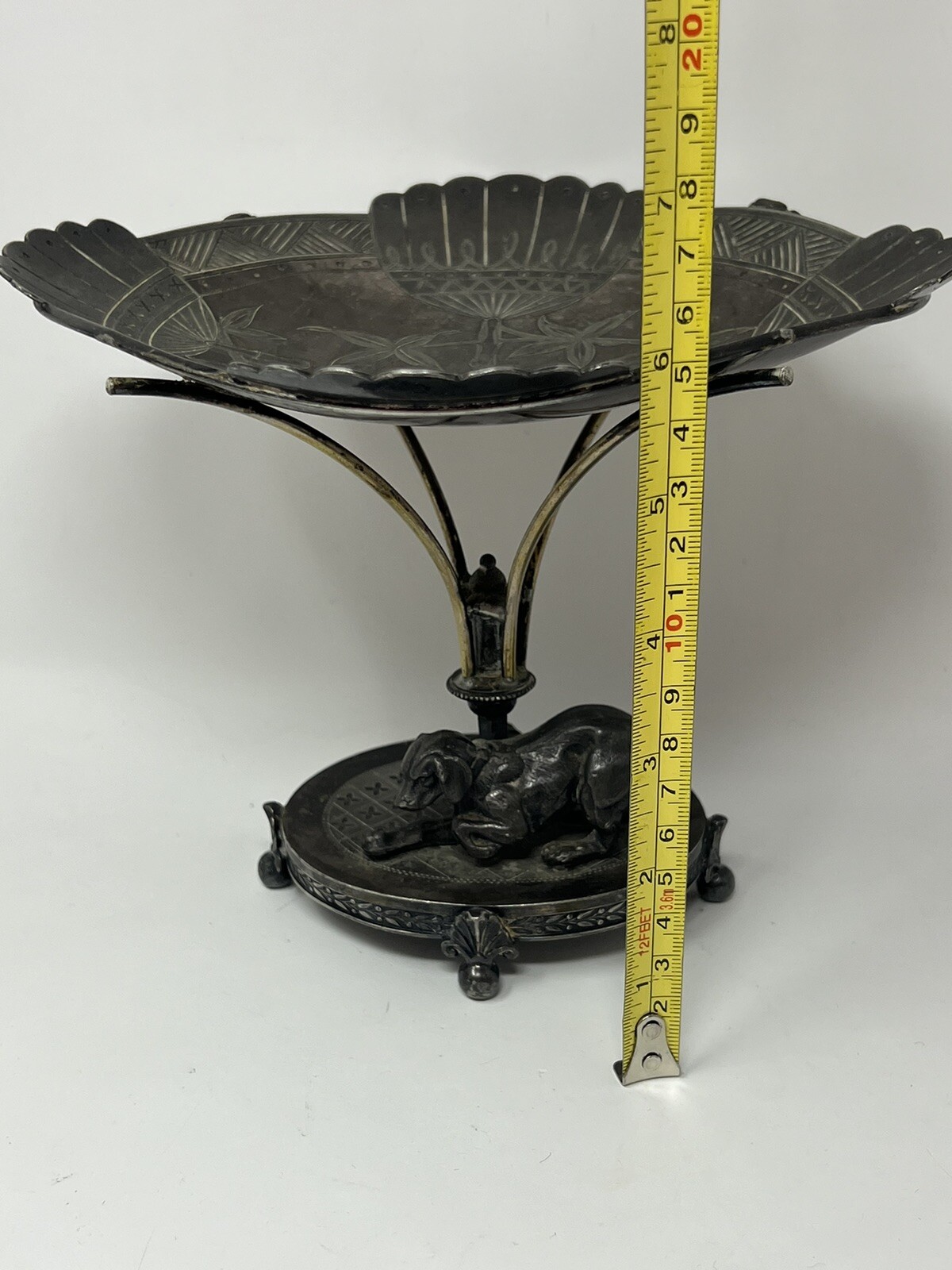 Antique Dog Figural Calling Card ? Silver Plate Tray Stand Simpson Hall Miller