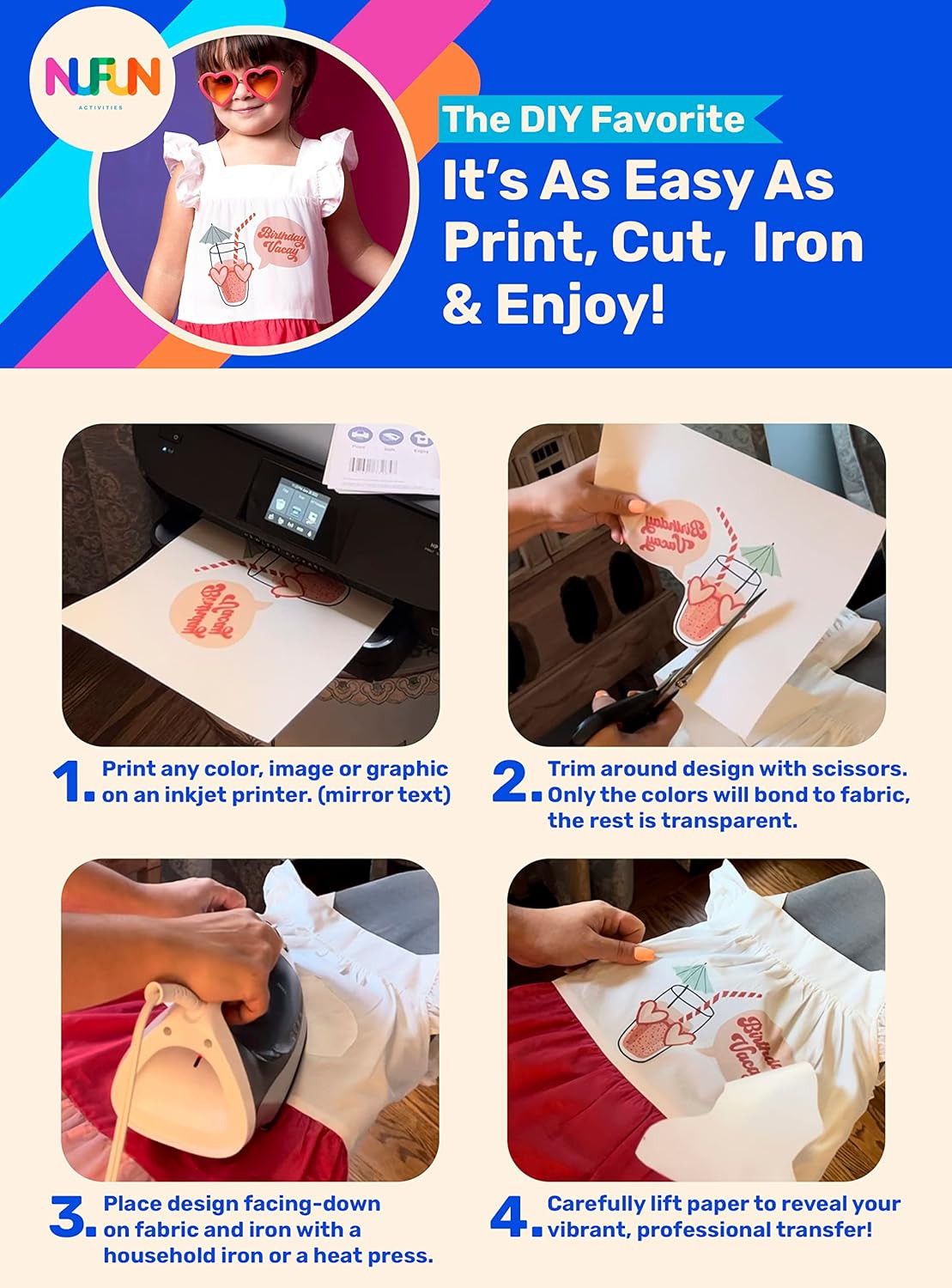 NuFun Activities Printable Iron-on Heat Transfer Paper for T Shirts, Light Fabri