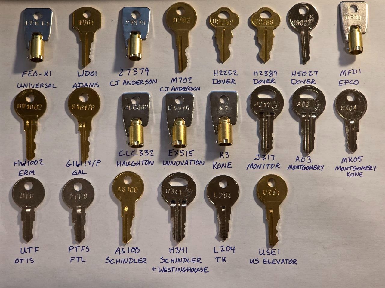 22pc Comprehensive Fire Service Elevator Key Set - All Major Brands!