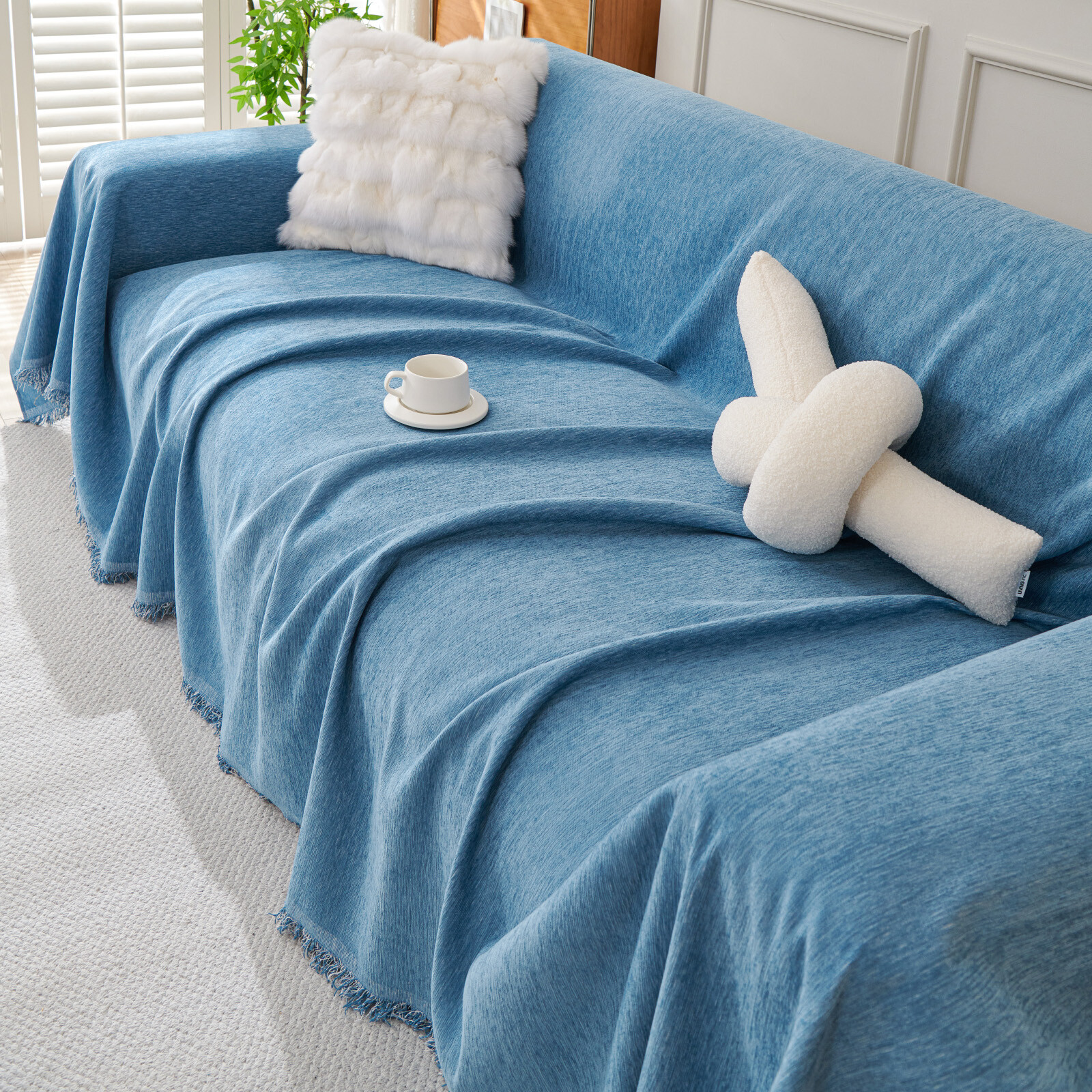 Extra Large Sectional Couch Cover 91"W Chenille Sofa Slipcover w/ Tassel 8 Color