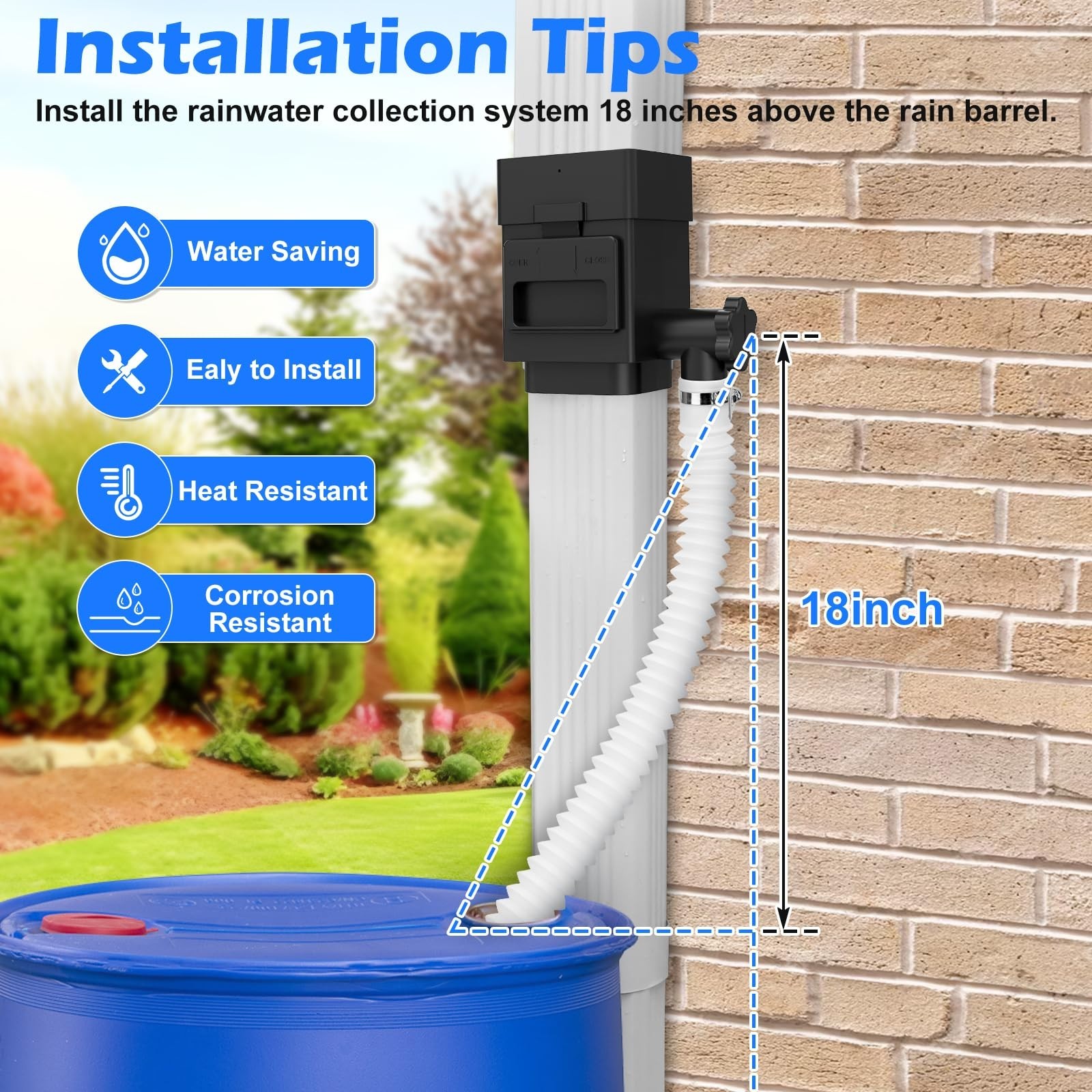 WADEO Rainwater Collection System Downspout Diverter- 2x3"/3x4" Downspout