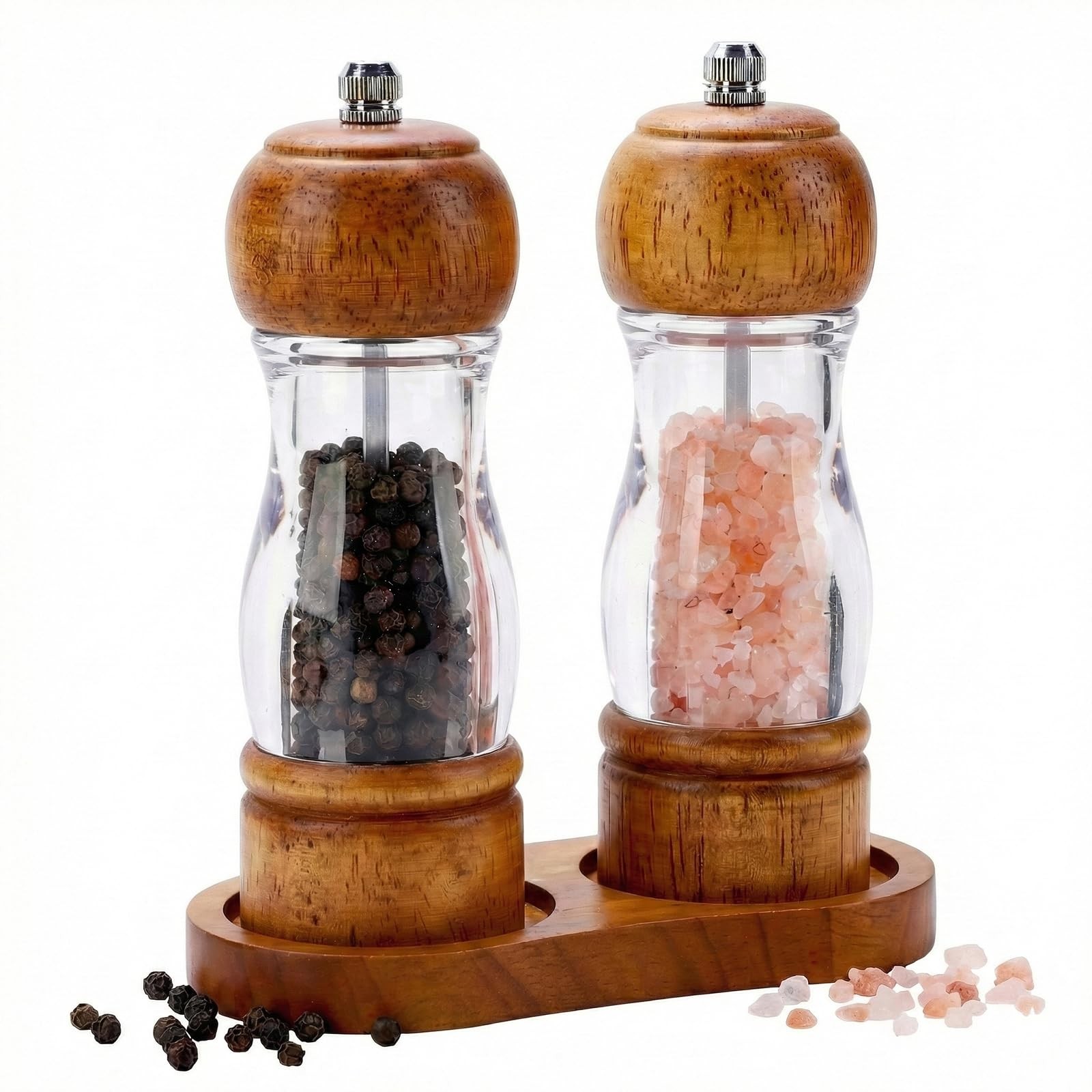 Wood Salt and Pepper Grinder Set 6.3in Adjustable Ceramic Mills w/ Tray