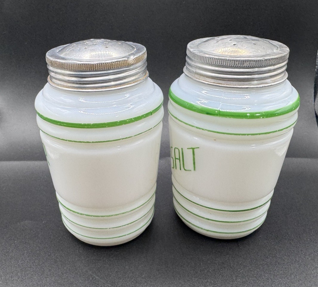 HAZEL ATLAS White Milk Glass Green Letters 1940s Ribbed Salt Pepper Shakers Set
