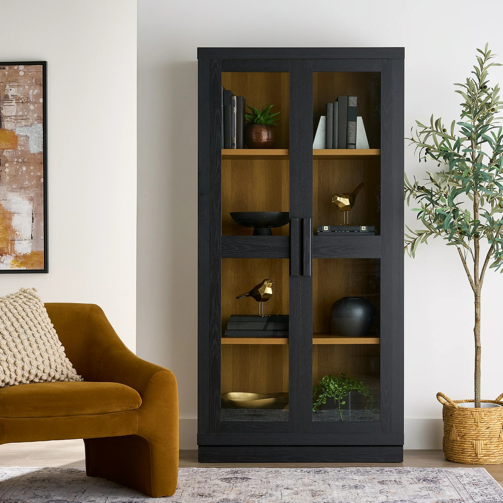 Better Homes & Gardens 441422 Ezra Glass Door Storage Cabinet, Rich Black Finish