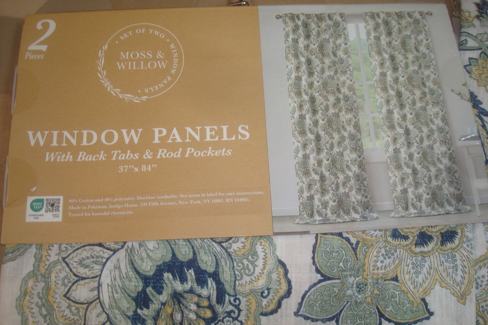 NWT Moss & Willow 2 pc Curtain Panels Floral Cotton blend Blue Green 84" lg