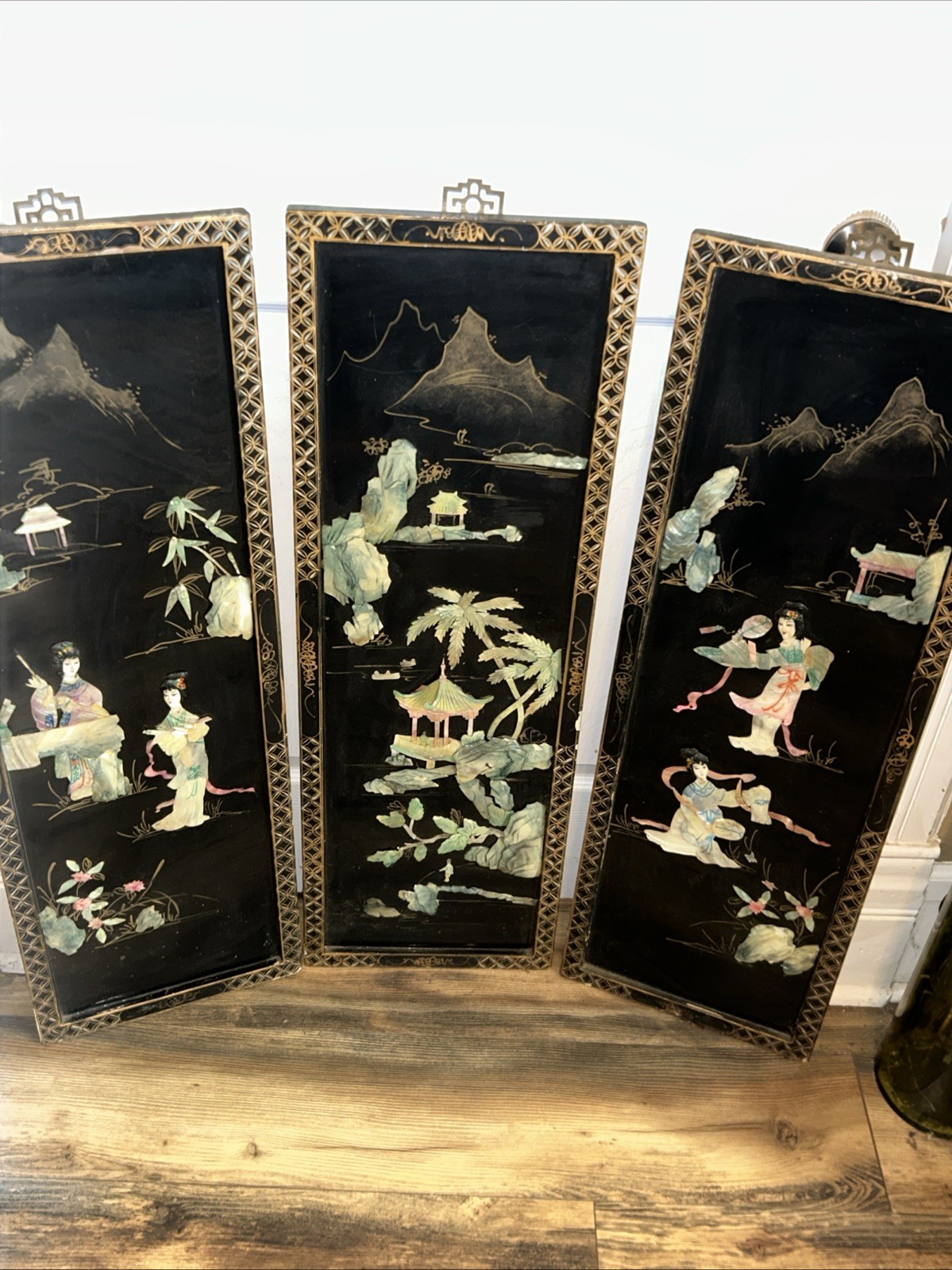 3 Vintage Laquered Asian With Mother of Pearl Panels 12”x 36” 2 Sets Available