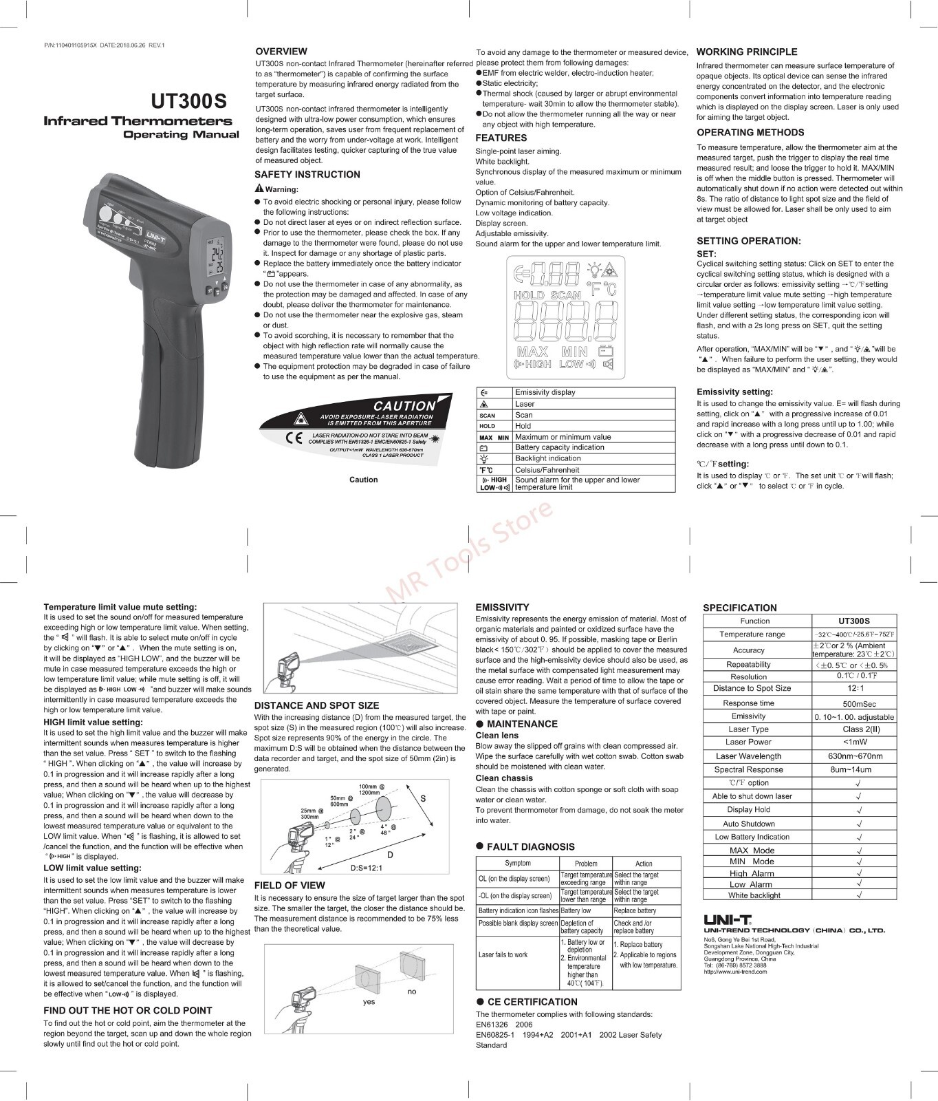Infrared IR Digital Thermometer Non-contact Temperature Gun 400°C Toplia TM300S