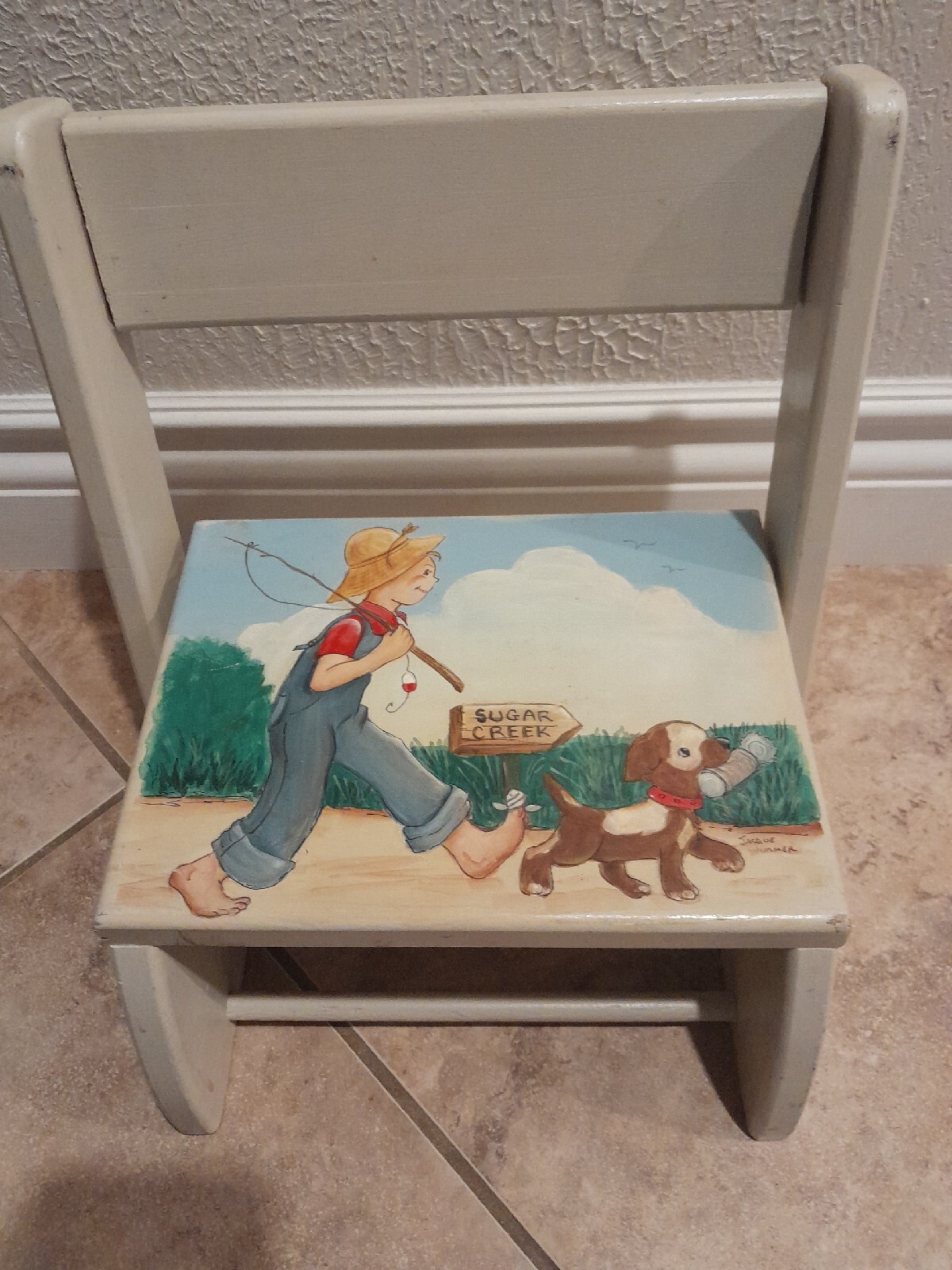 Vintage Hand Painted Childrens Chair Signed By Artist 14"x14" Puppy Boy Fishing