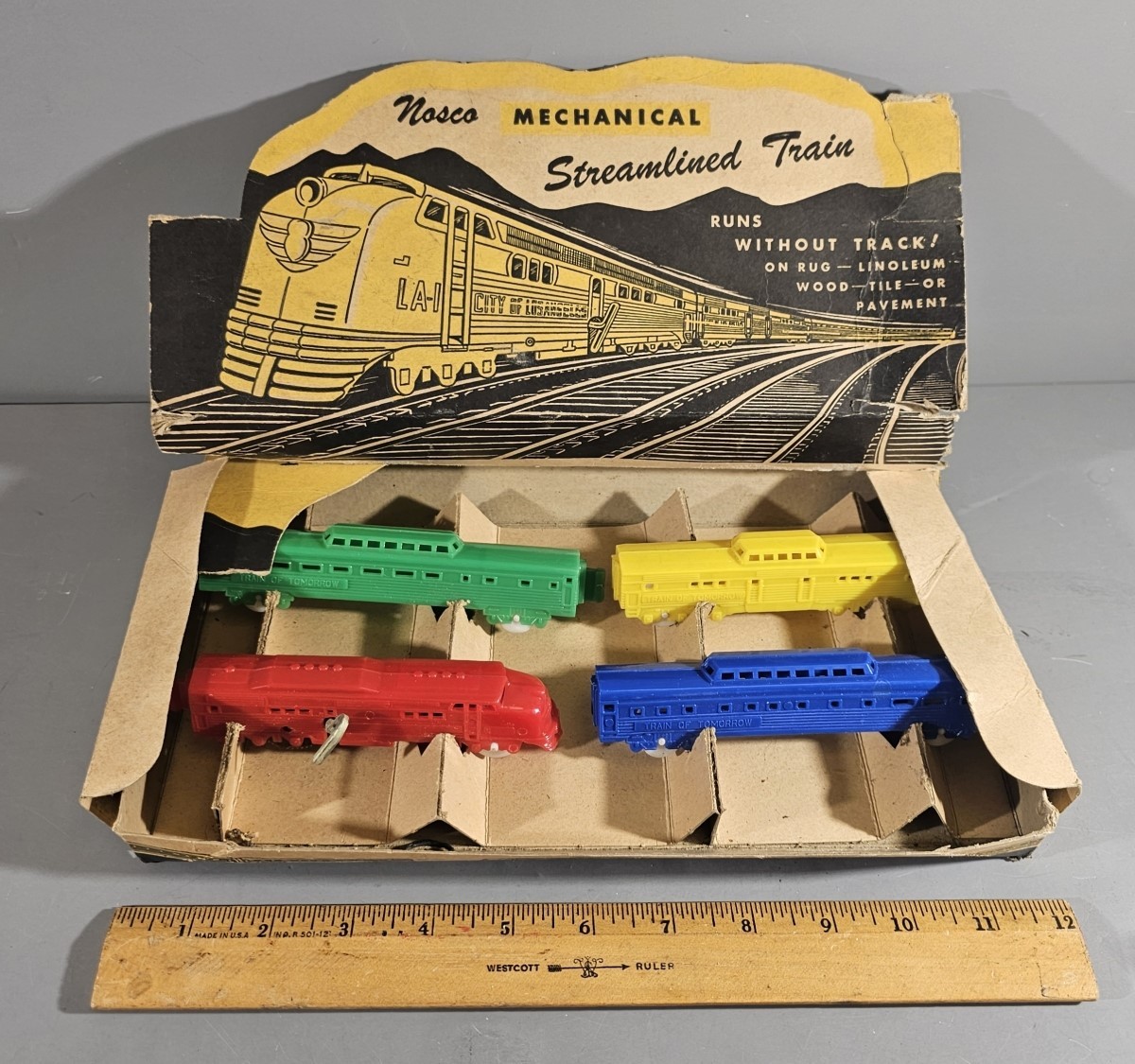 VINTAGE NOSCO MECHANICAL STREAMLINED TRAIN SET 4 UNITS 6521 IN ORIG. BOX