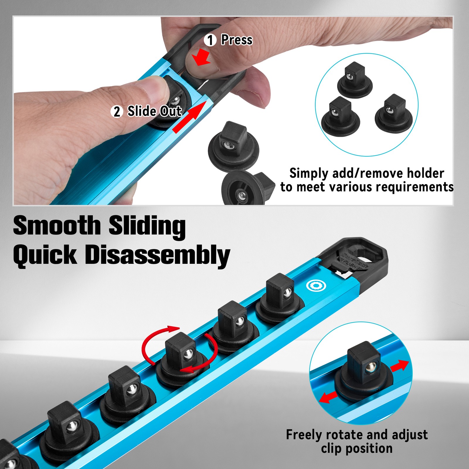 DURATECH 9PCS Magnetic 1/4”, 3/8”, 1/2” Aluminum Alloy Socket Rail with 96 Clips