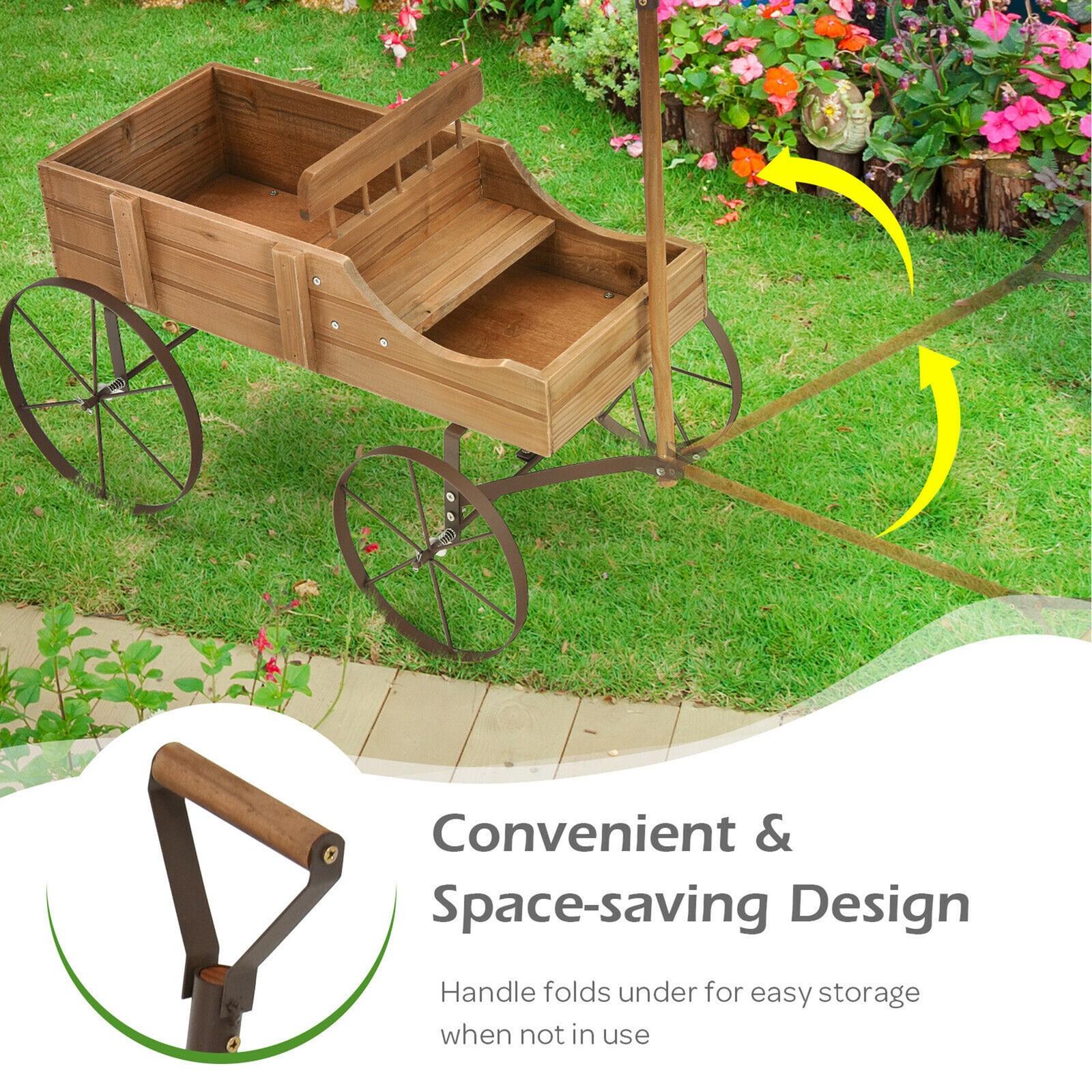 Garden Plant Planter Wooden Wagon Planter W/ Wheel Garden Yard Brown