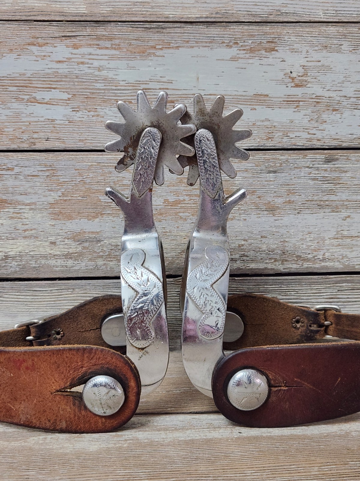 Crockett Renalde Spurs Large Rowel Chrome Plated w/Leather Straps Cowboy Western