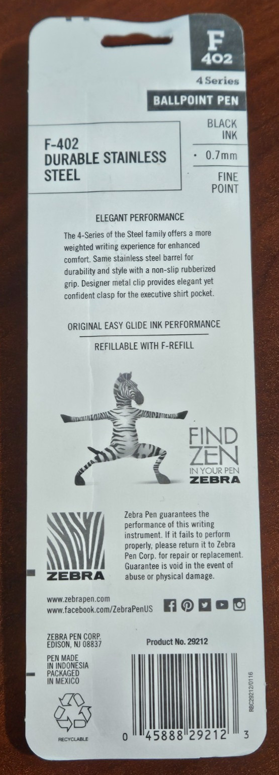 2 Zebra F402 Ballpoint Stainless Steel Retractable Pen Fine Point Black 0.7 mm