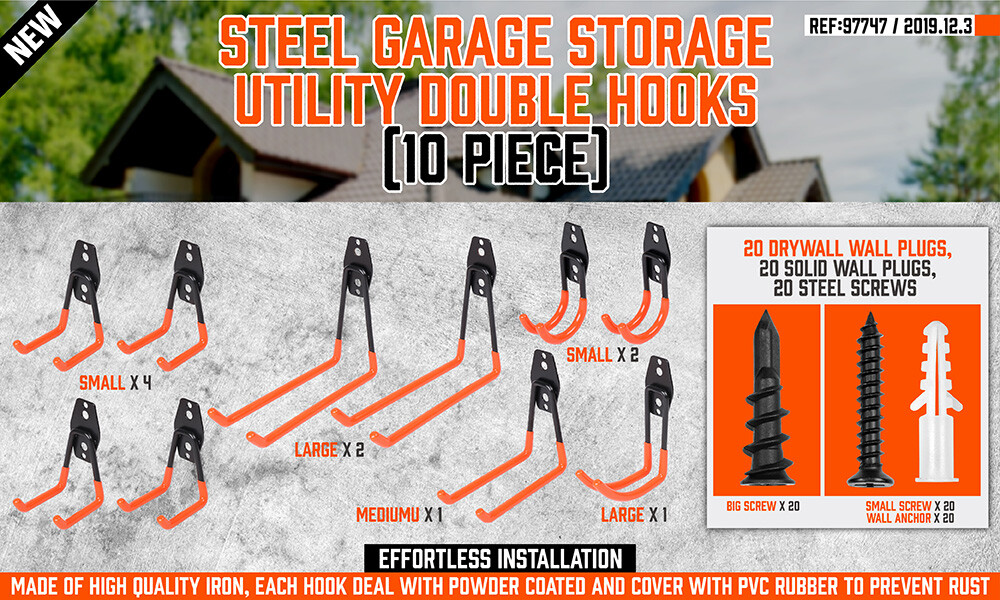 10-Pack Steel Garage Storage Utility Double Hooks Wall Organizer Tool Hanger H-D