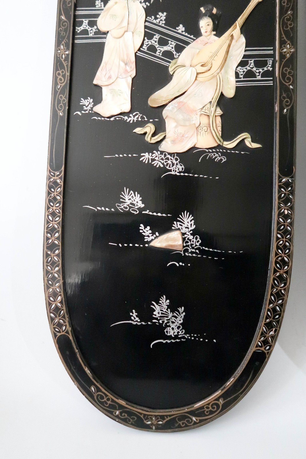 Set of 2 Asian Black Lacquer Mother of Pearl Wall Panels Art Geisha Women 36"