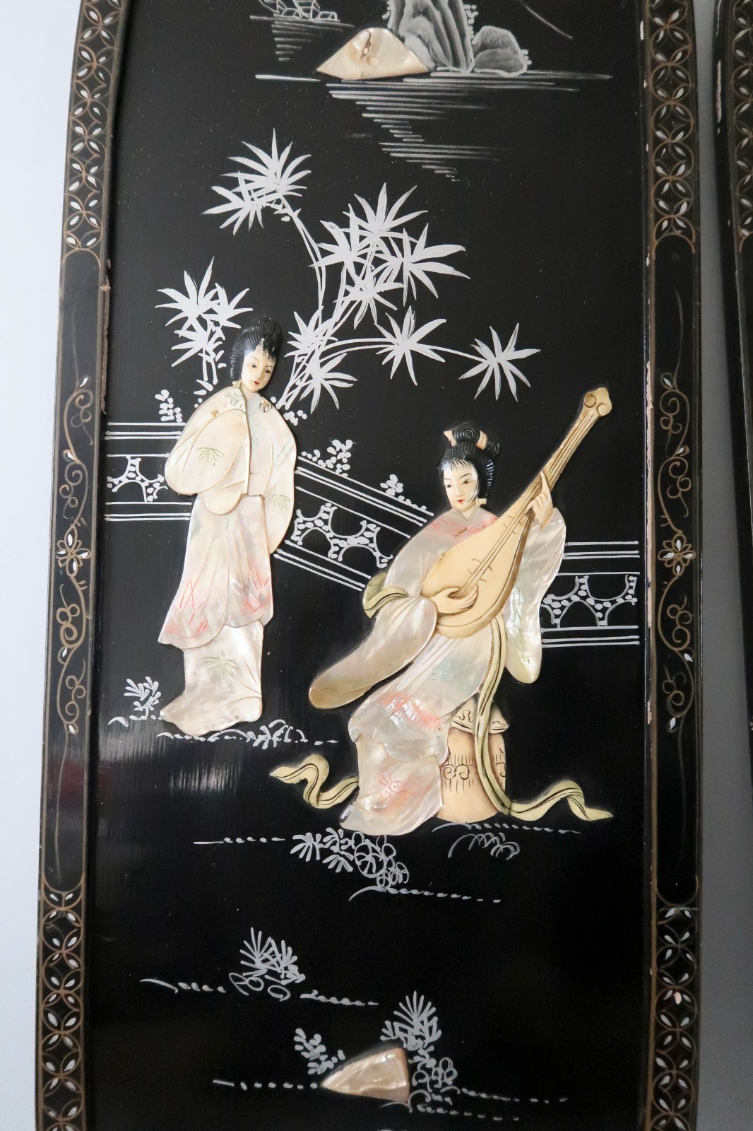 Set of 2 Asian Black Lacquer Mother of Pearl Wall Panels Art Geisha Women 36"