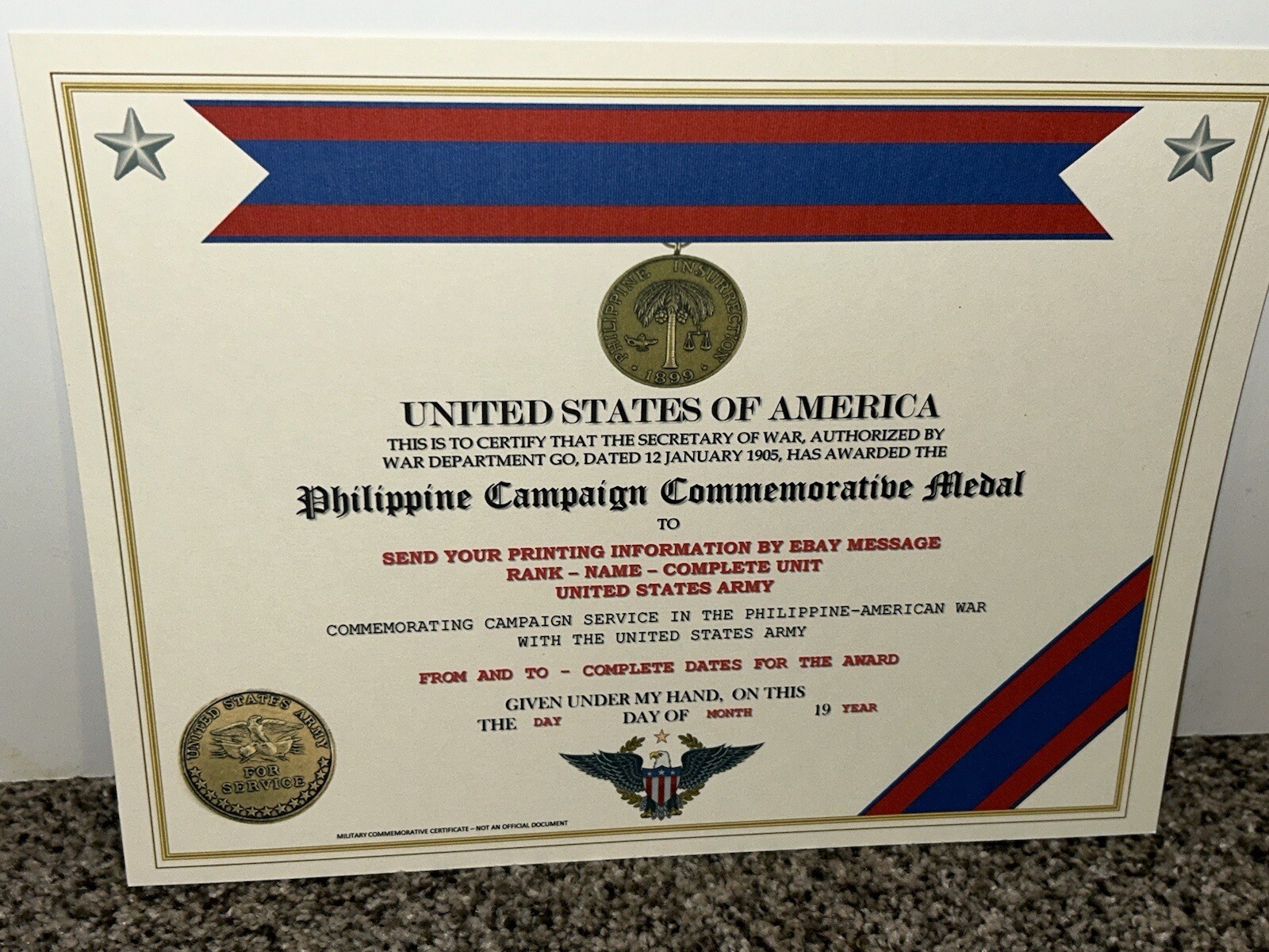 PHILIPPINE CAMPAIGN (ARMY) COMMEMORATIVE MEDAL CERTIFICATE ~ W/PRINTING TYPE-1
