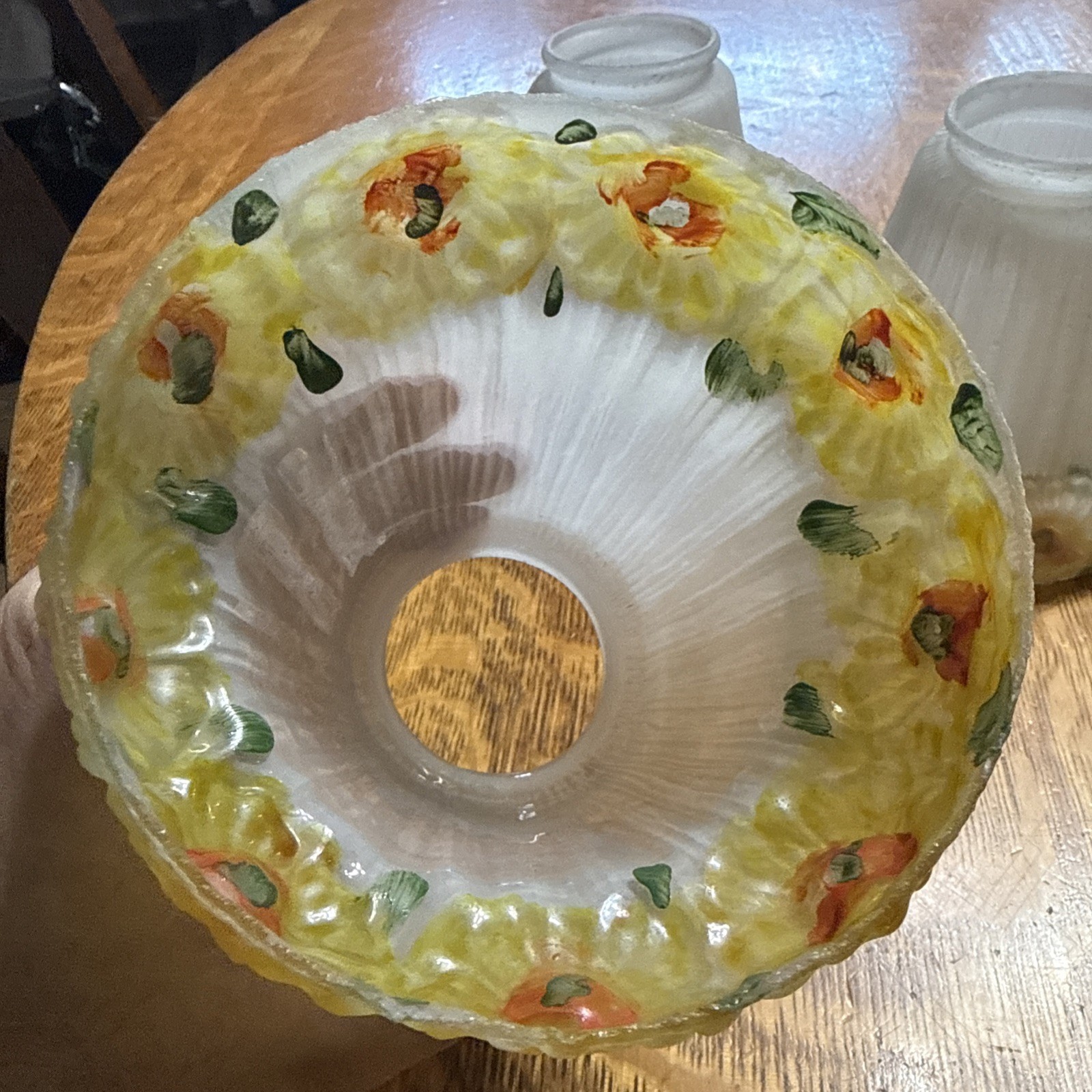 Antique Set 3 Reverse Painted Glass 4 5/8" Shades Yellow Flowers 2-1/4" Fitter